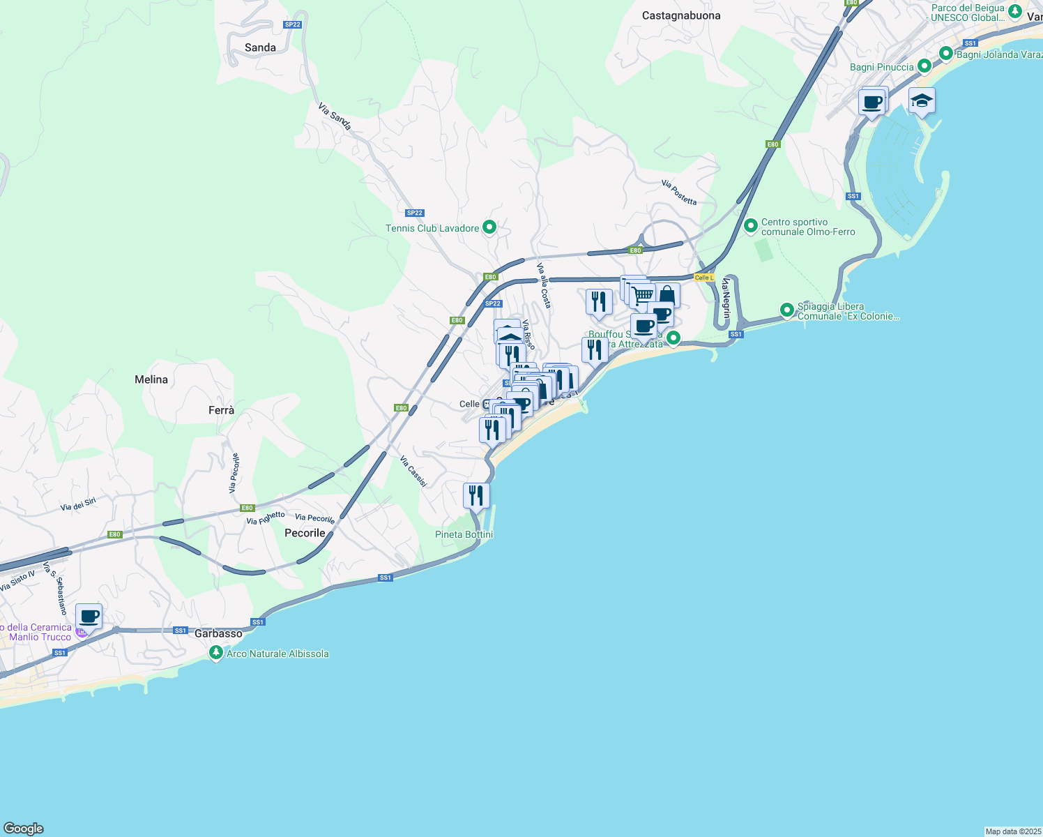 map of restaurants, bars, coffee shops, grocery stores, and more near 8 Via Aicardi in Celle Ligure