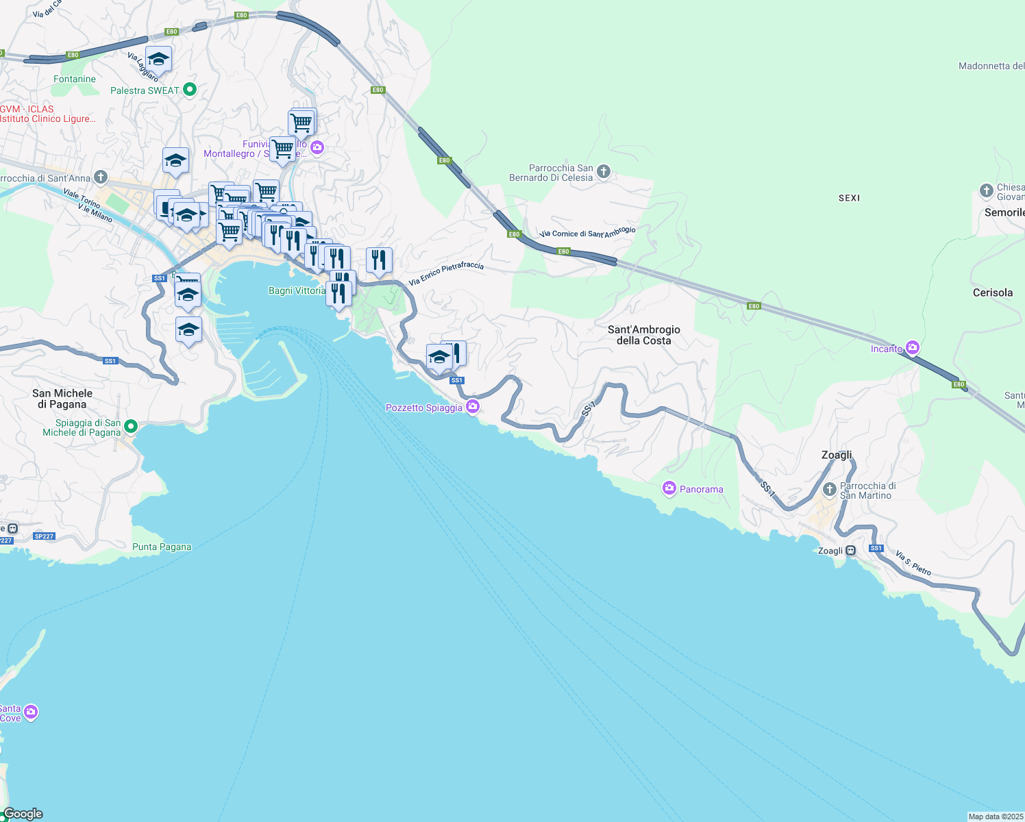 map of restaurants, bars, coffee shops, grocery stores, and more near 267 Strada Statale 1 in Zoagli