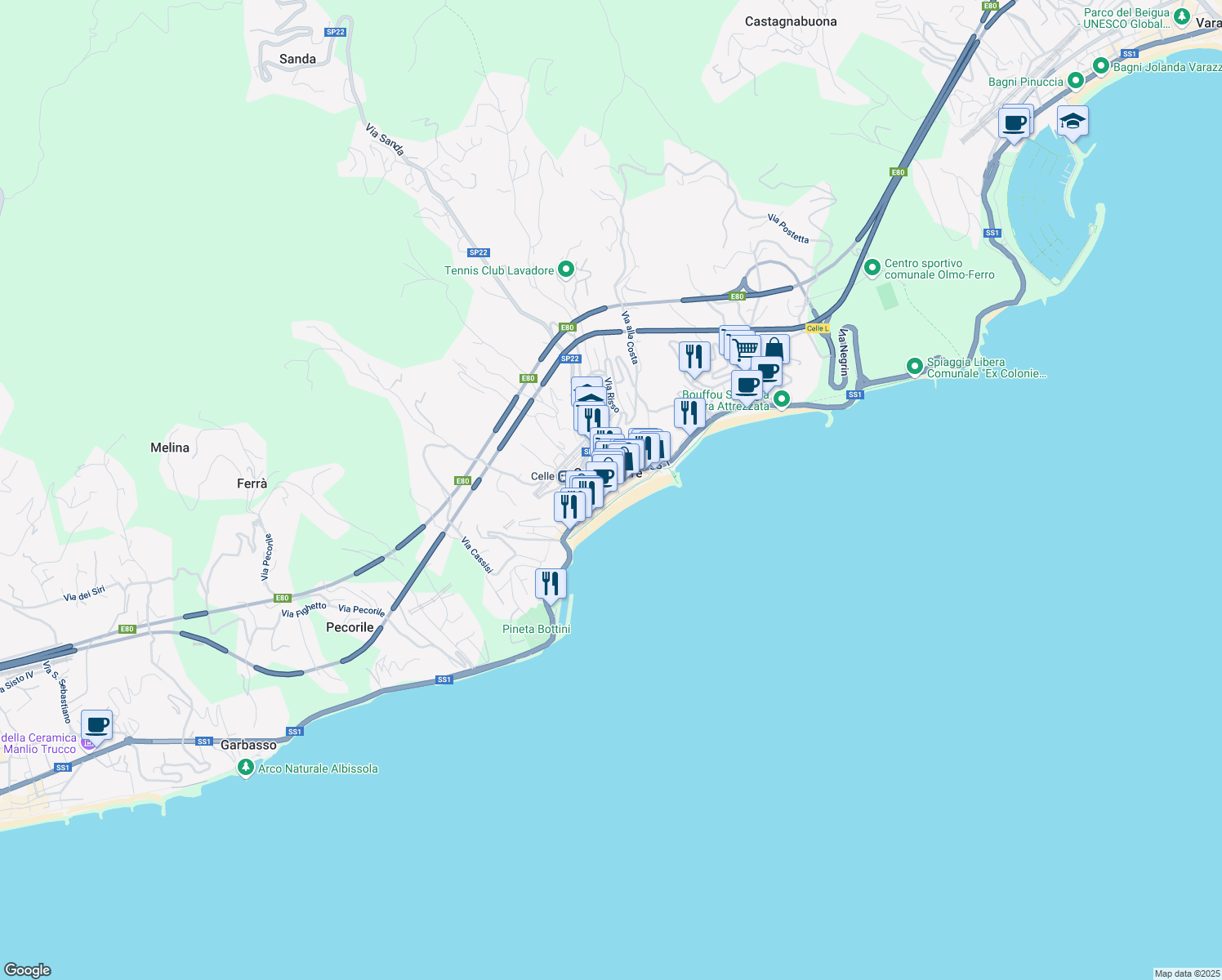 map of restaurants, bars, coffee shops, grocery stores, and more near 8 Via Aicardi in Celle Ligure