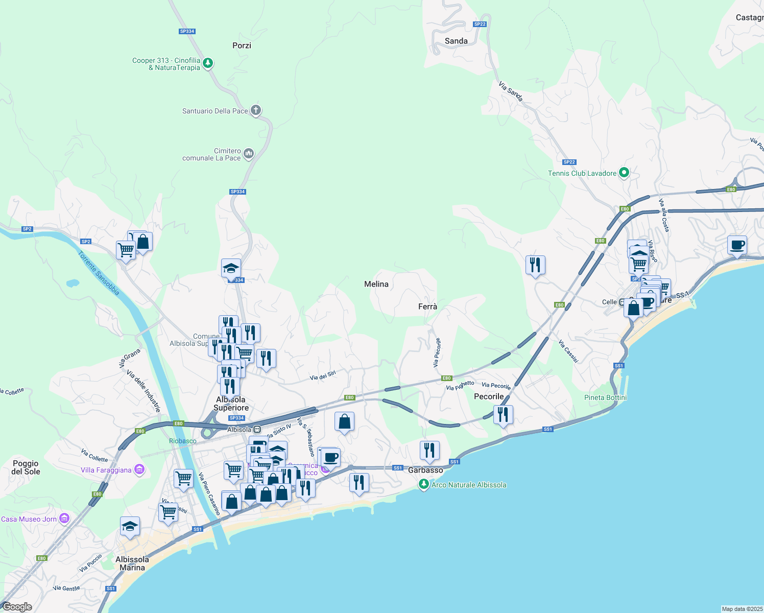 map of restaurants, bars, coffee shops, grocery stores, and more near 39 Via Melina in Celle Ligure