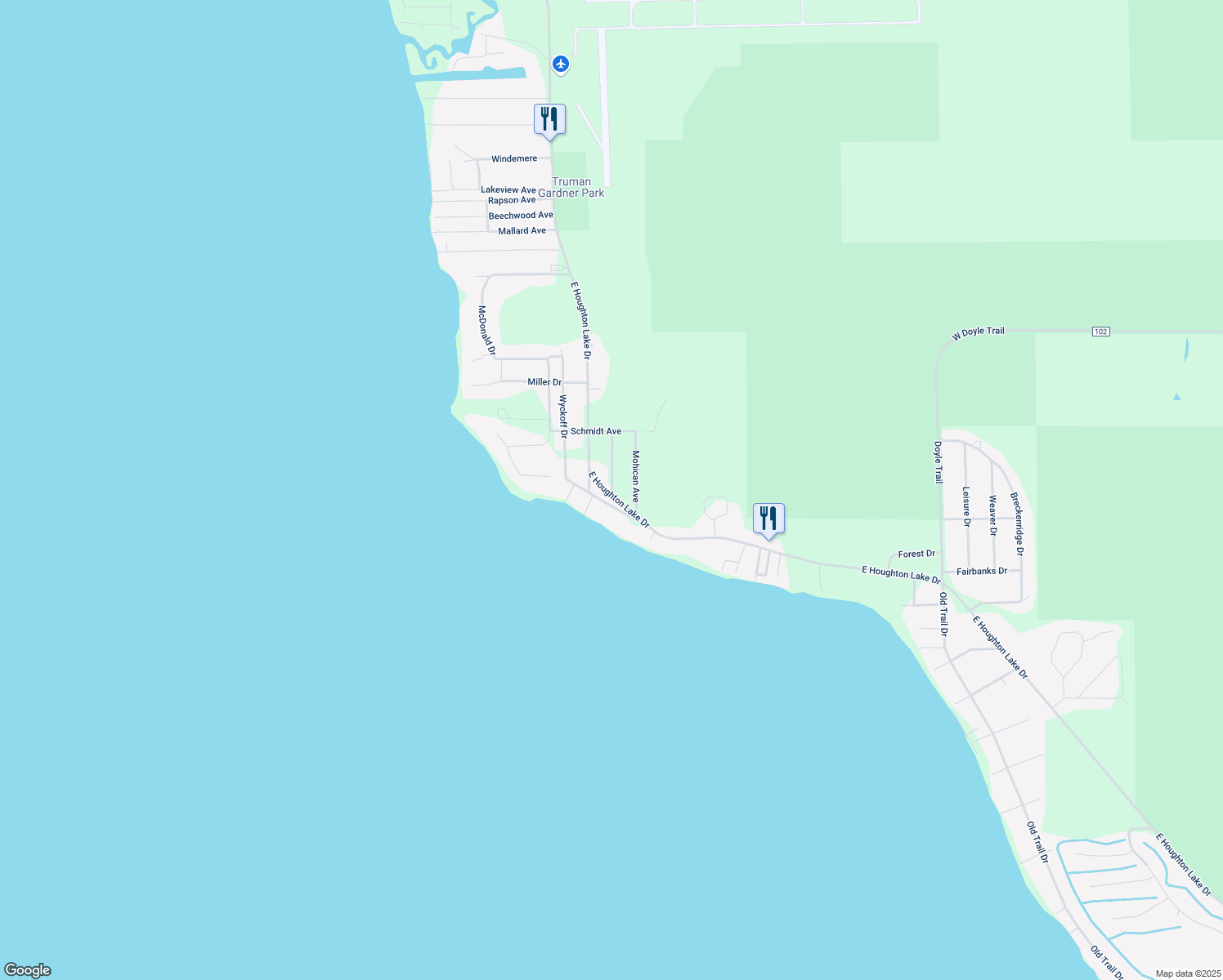 map of restaurants, bars, coffee shops, grocery stores, and more near 101-199 Hardwood Avenue in Roscommon