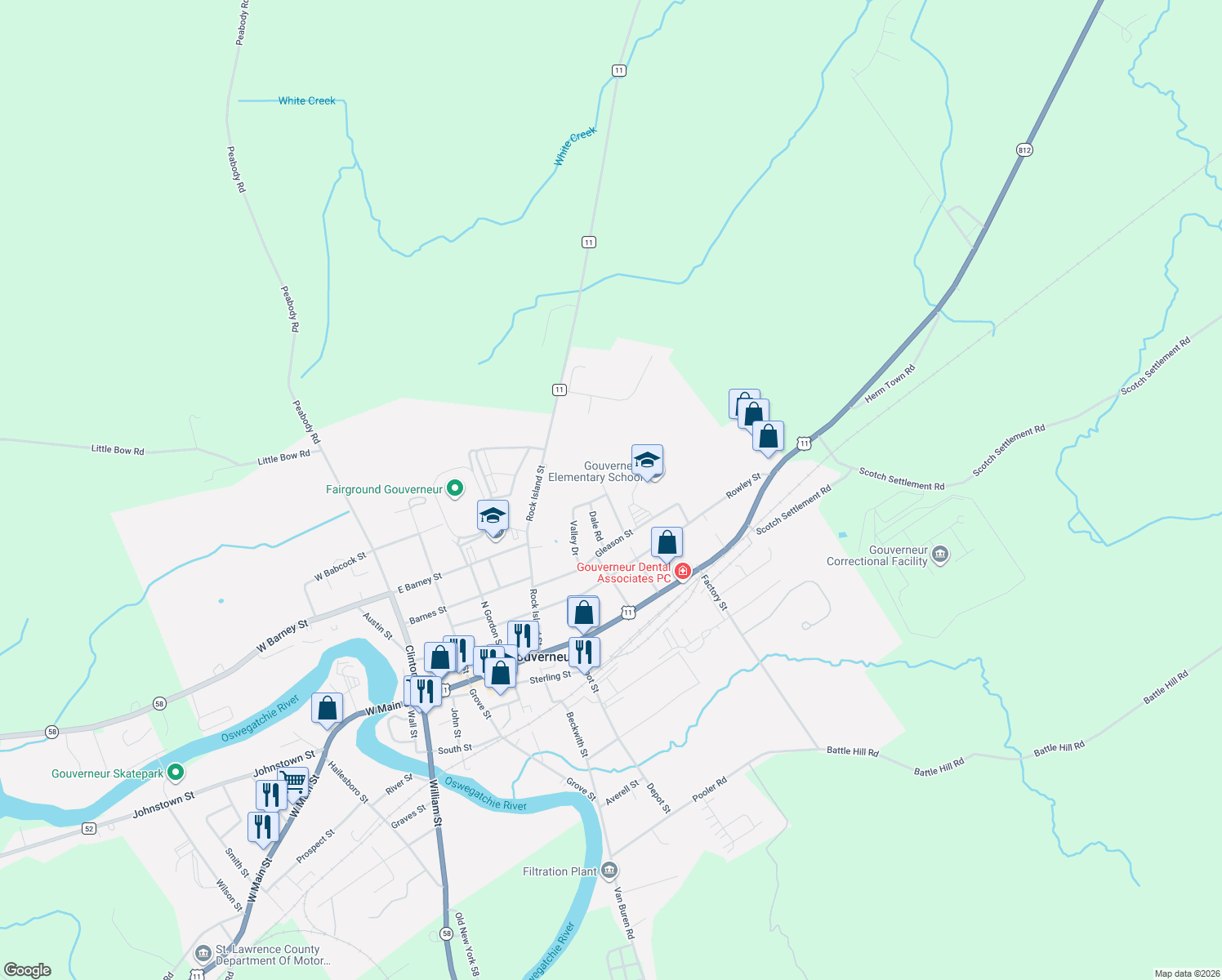 map of restaurants, bars, coffee shops, grocery stores, and more near 50 Birchwood Drive in Gouverneur