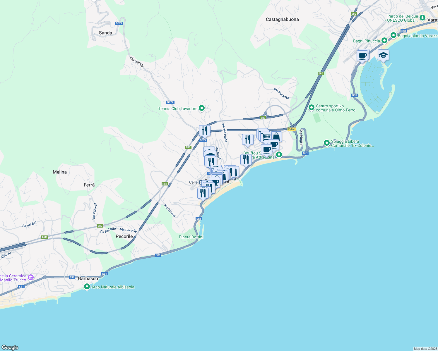 map of restaurants, bars, coffee shops, grocery stores, and more near 40 Via Priva Galileo Galilei in Celle Ligure