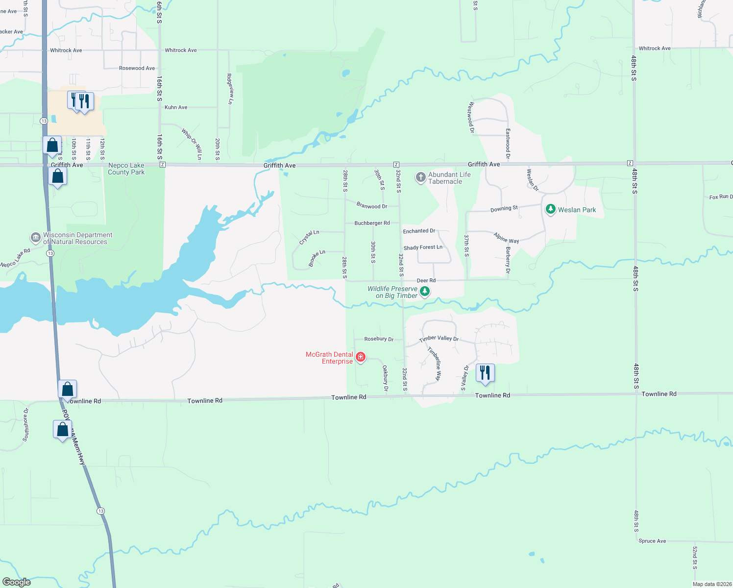 map of restaurants, bars, coffee shops, grocery stores, and more near 2910 Deer Road in Wisconsin Rapids