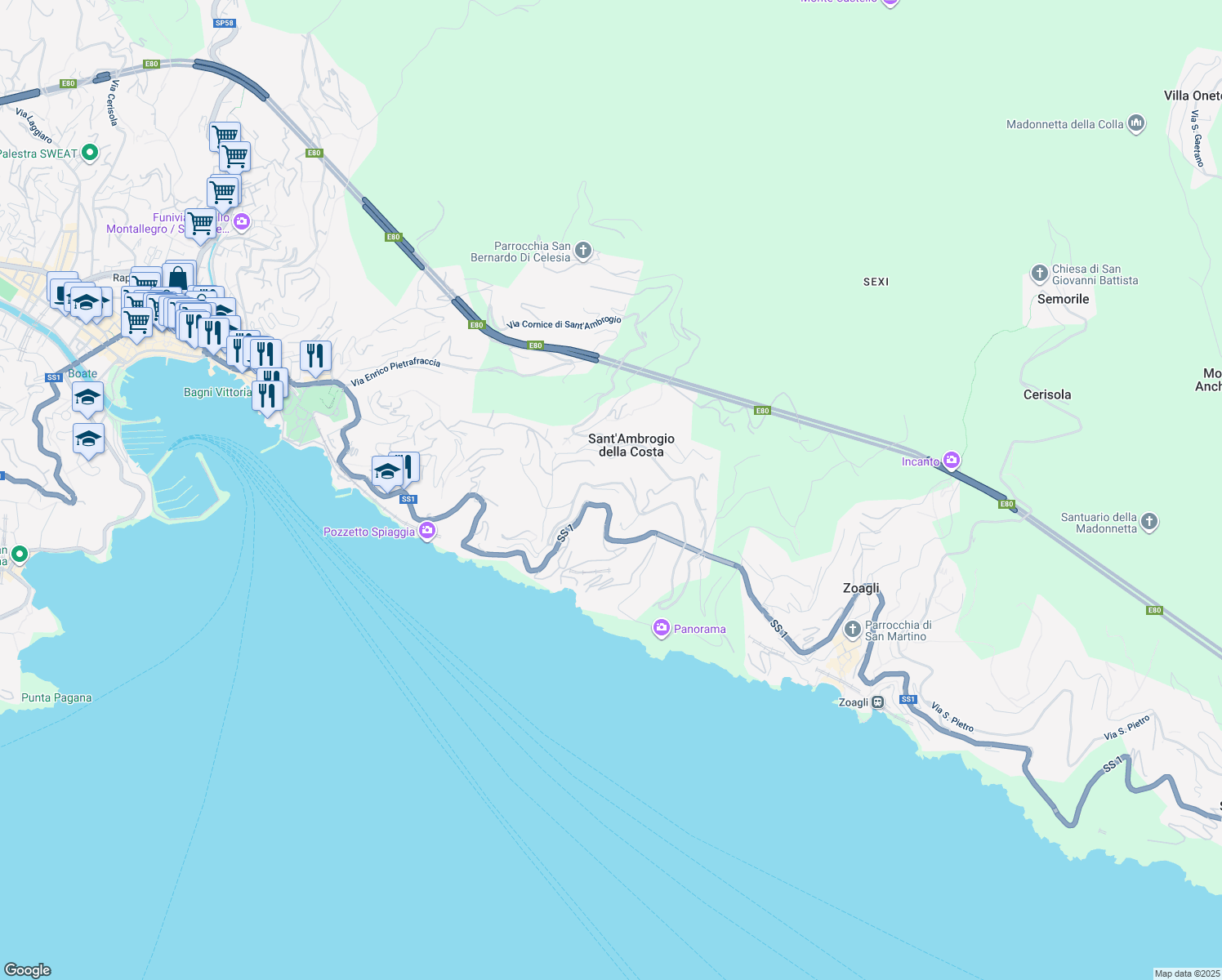map of restaurants, bars, coffee shops, grocery stores, and more near in Zoagli