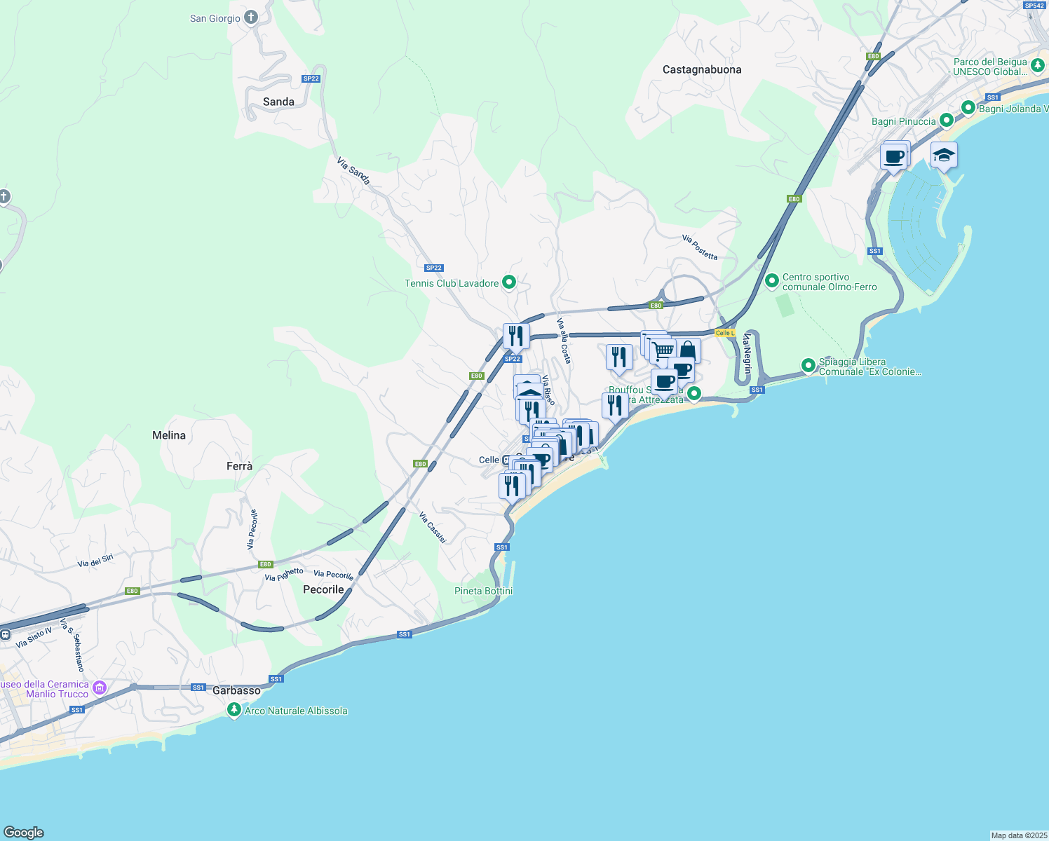 map of restaurants, bars, coffee shops, grocery stores, and more near 4 Via Torre in Celle Ligure-pecorile