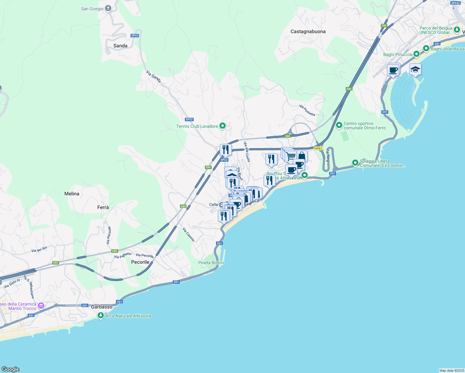 map of restaurants, bars, coffee shops, grocery stores, and more near 4 Via Torre in Celle Ligure