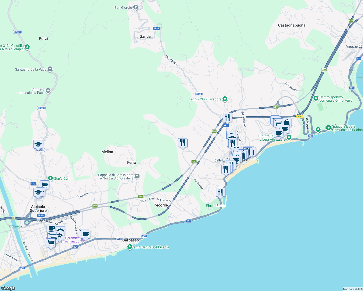 map of restaurants, bars, coffee shops, grocery stores, and more near 215 Via Cassisi in Celle Ligure