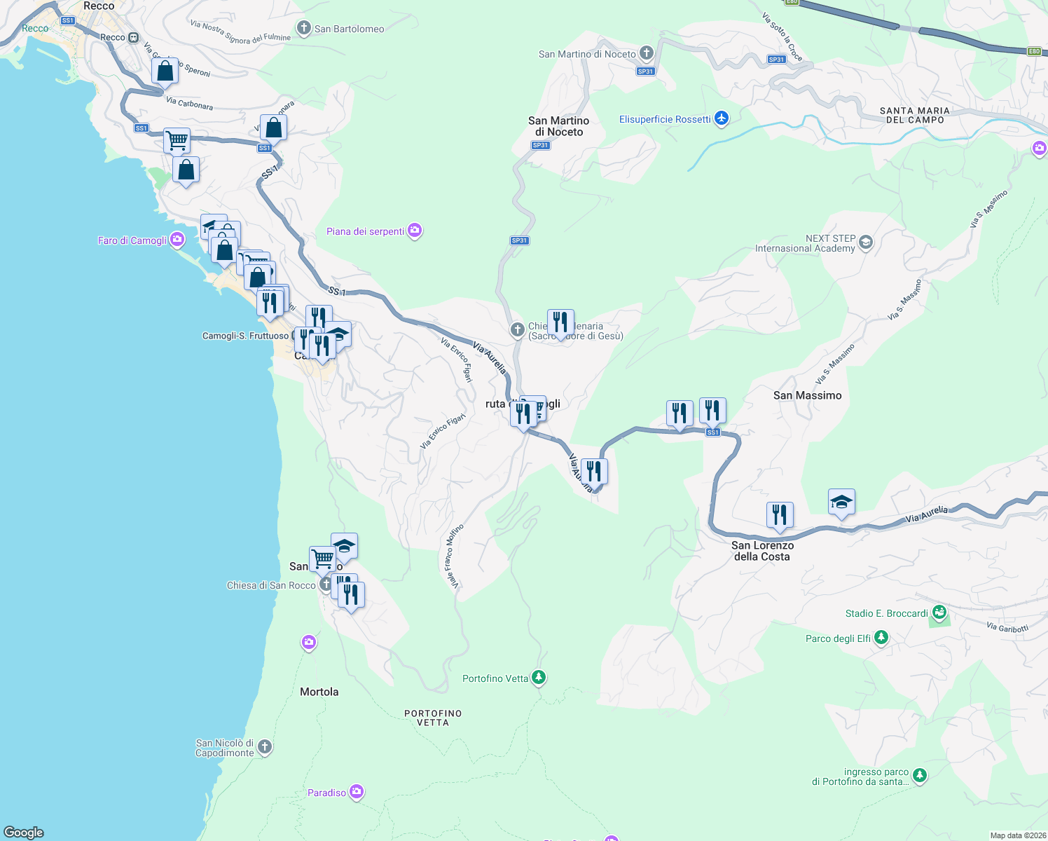 map of restaurants, bars, coffee shops, grocery stores, and more near 206 Strada Statale 1 in Ruta