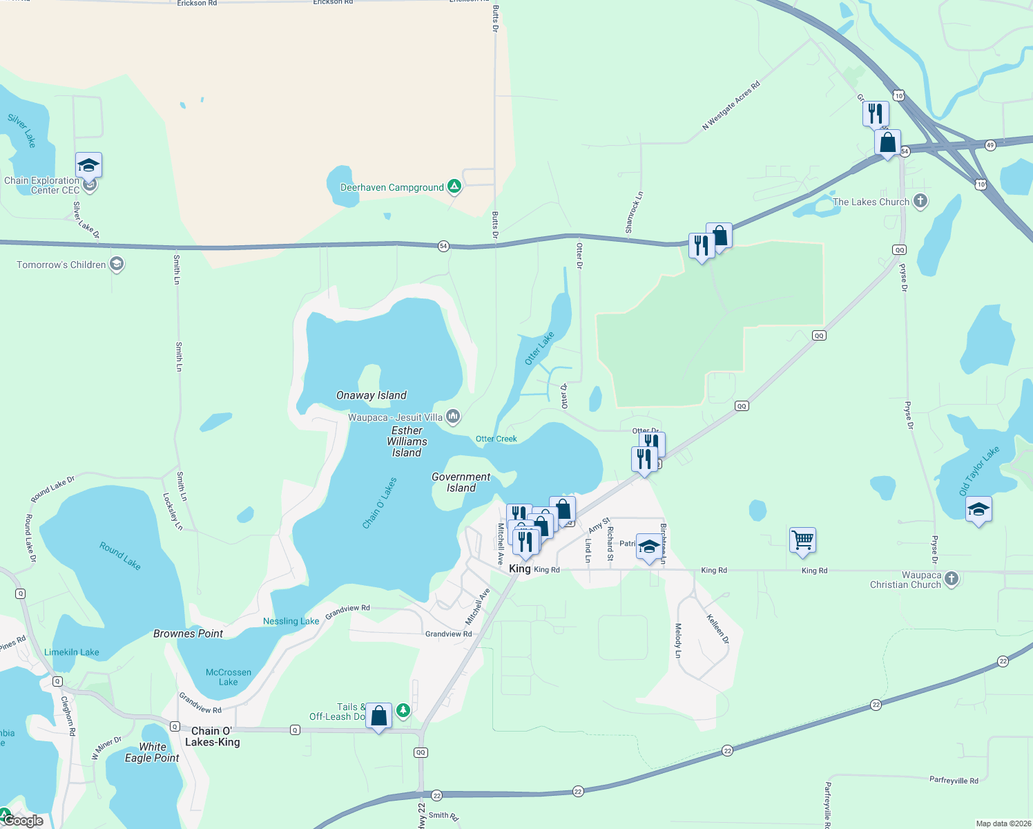 map of restaurants, bars, coffee shops, grocery stores, and more near E1724 Pine Ridge Lane in Waupaca