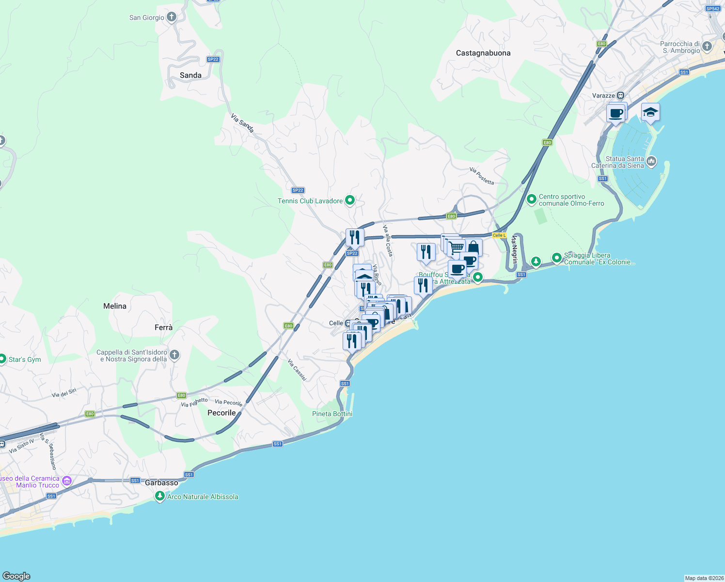map of restaurants, bars, coffee shops, grocery stores, and more near 93 Via Federico Colla in Celle Ligure
