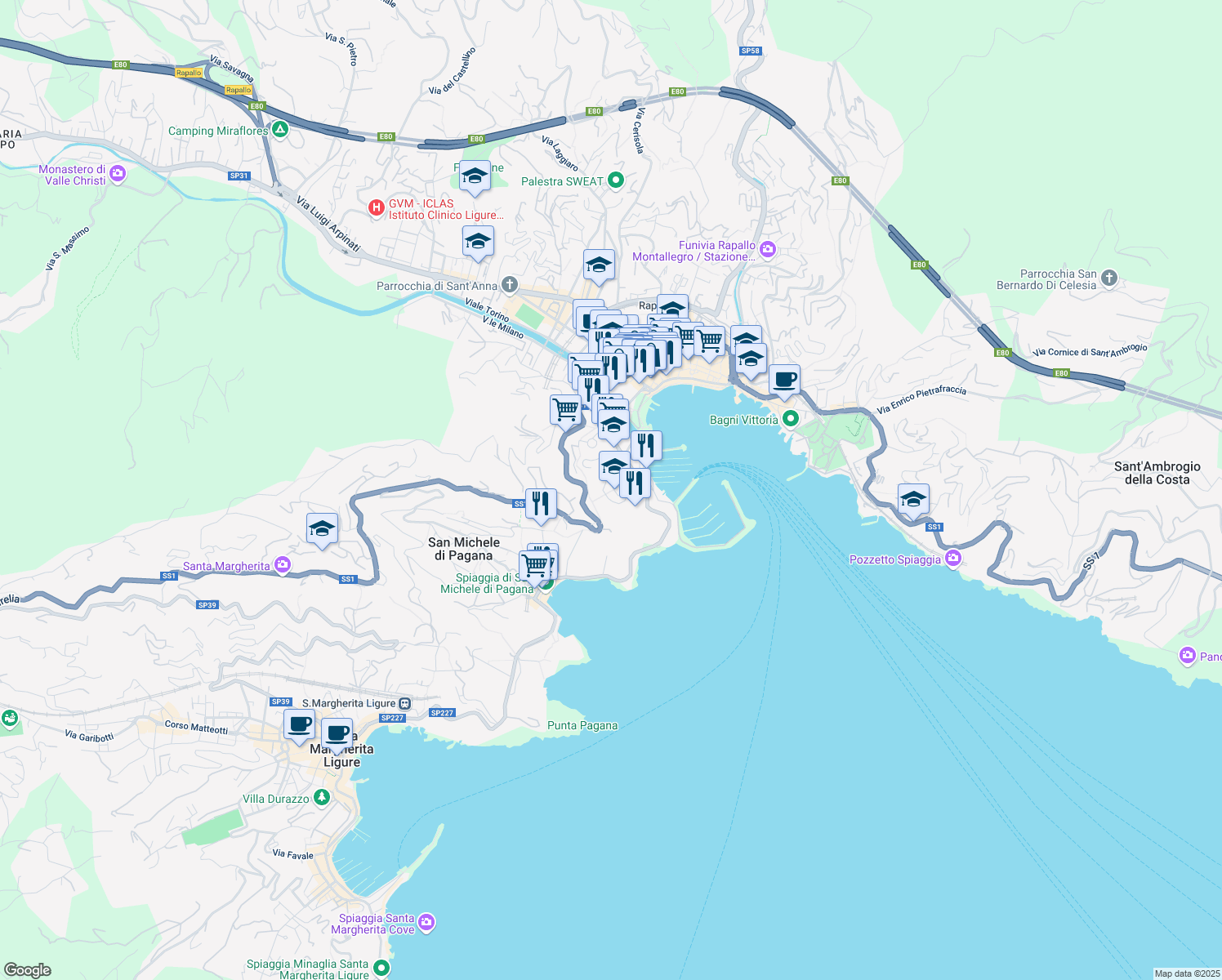 map of restaurants, bars, coffee shops, grocery stores, and more near 9 Via Macera in Rapallo