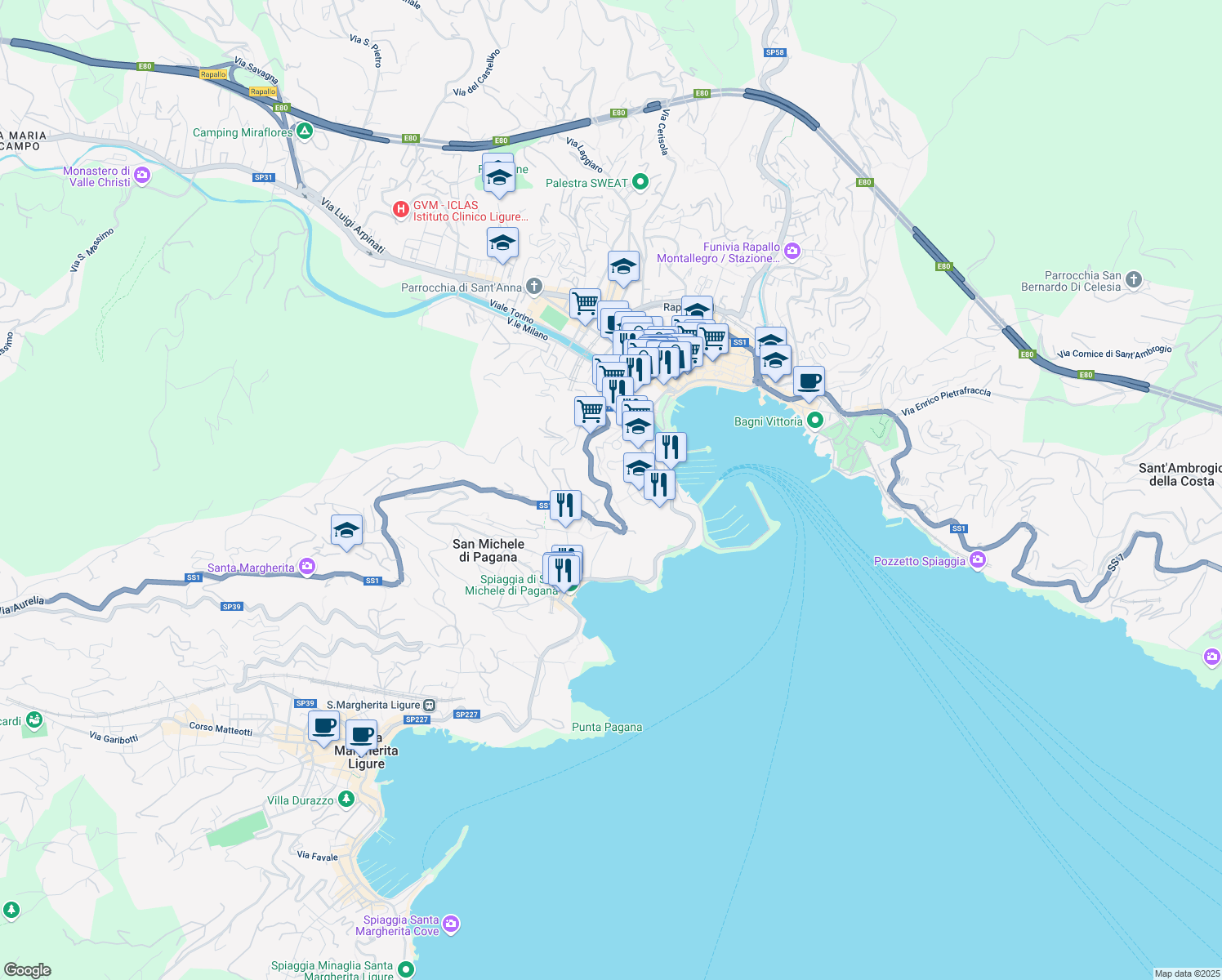 map of restaurants, bars, coffee shops, grocery stores, and more near 20 Via Ponte Annibale in Rapallo