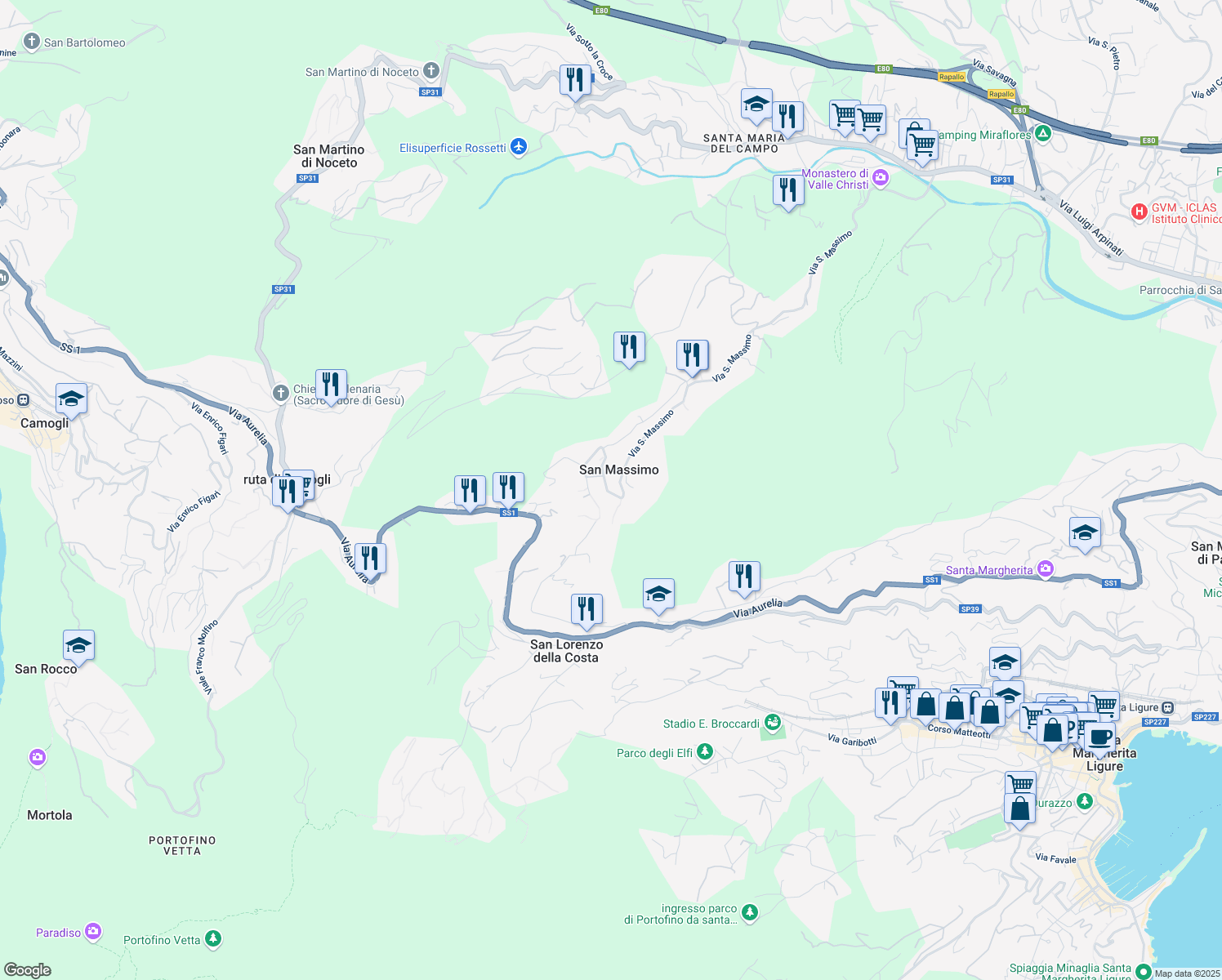 map of restaurants, bars, coffee shops, grocery stores, and more near 101 Via San Massimo in Genoa