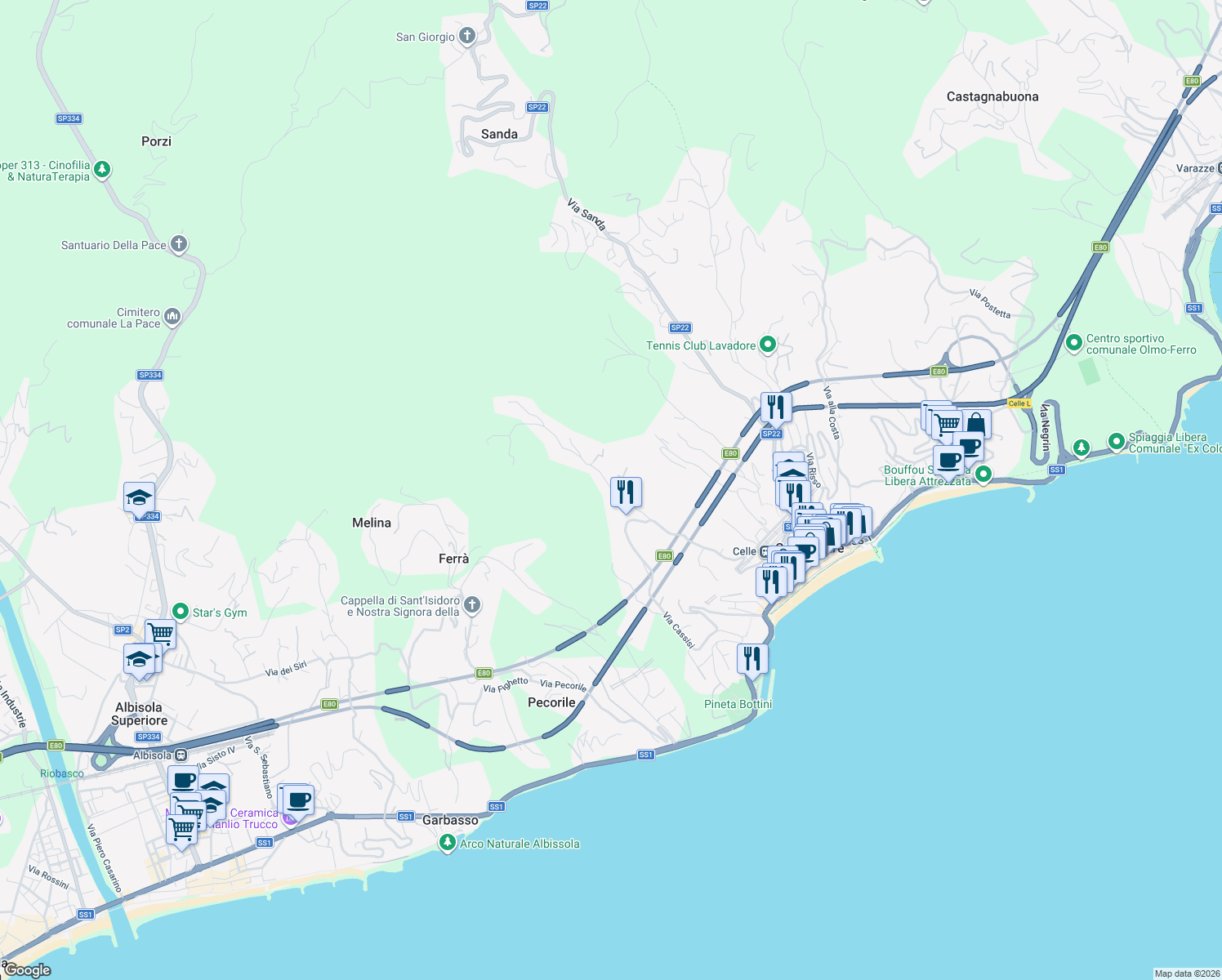 map of restaurants, bars, coffee shops, grocery stores, and more near 215 Via Cassisi in Celle Ligure