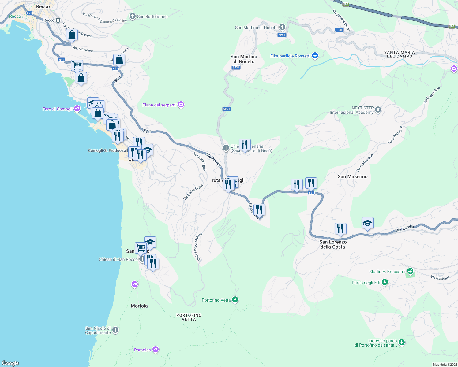 map of restaurants, bars, coffee shops, grocery stores, and more near 206 Strada Statale 1 Via Aurelia in Camogli