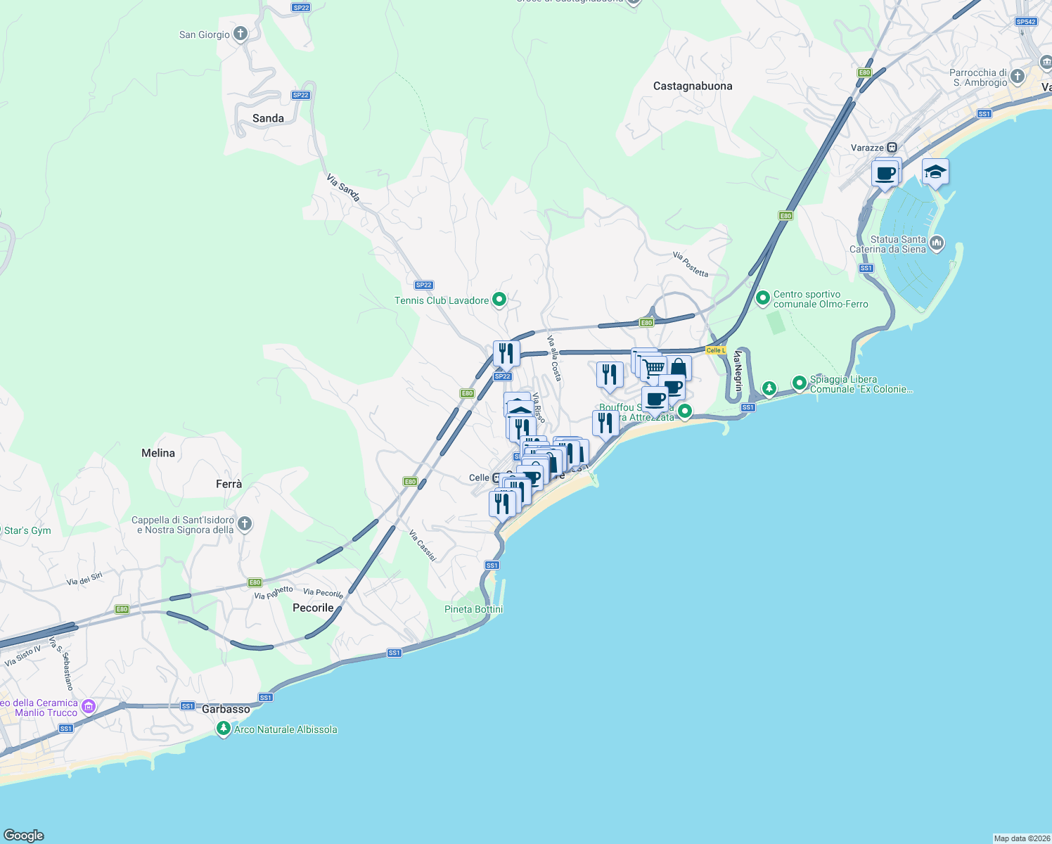 map of restaurants, bars, coffee shops, grocery stores, and more near 93 Via Federico Colla in Celle Ligure