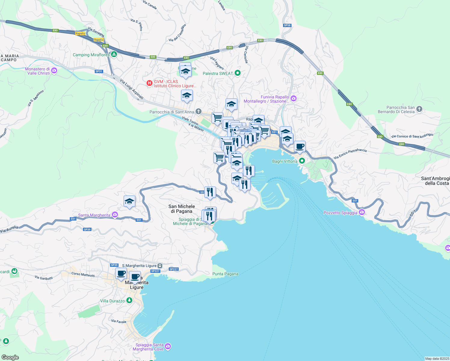 map of restaurants, bars, coffee shops, grocery stores, and more near 20 Via Ponte Annibale in Rapallo