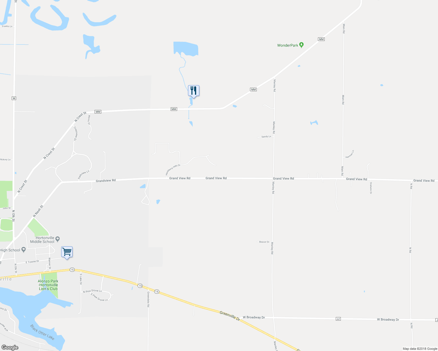 map of restaurants, bars, coffee shops, grocery stores, and more near W8256 Grand View Road in Hortonville