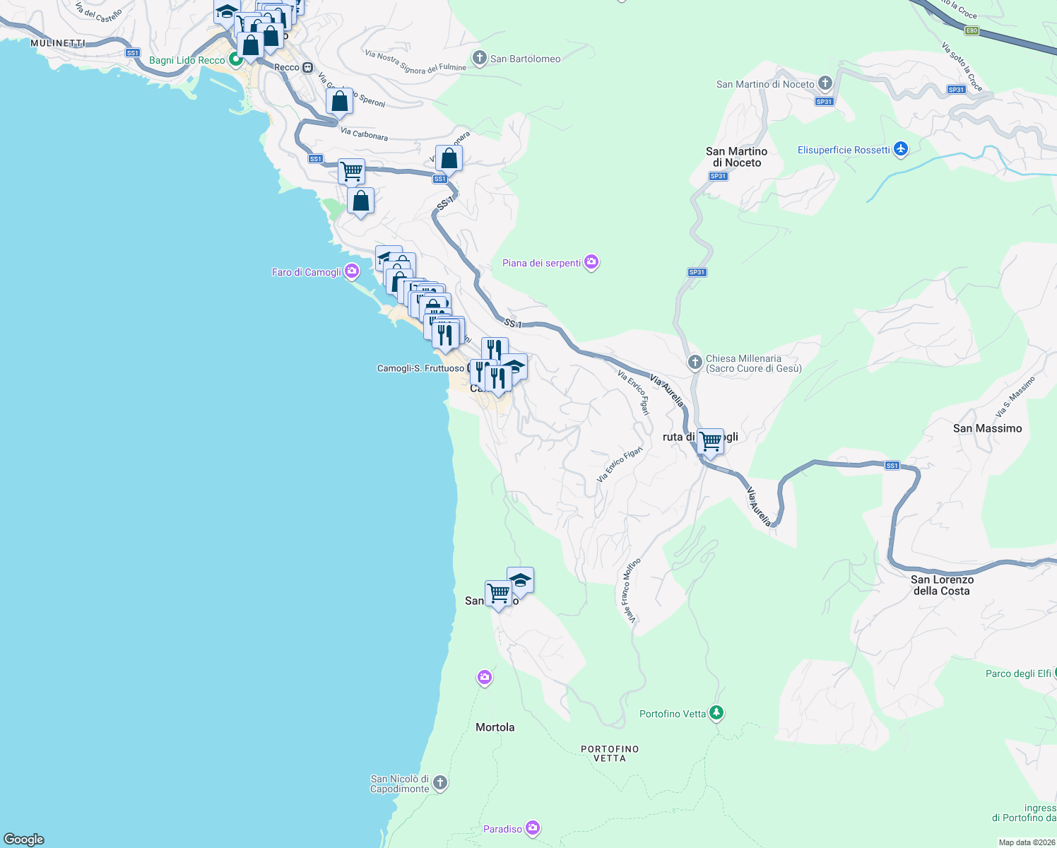 map of restaurants, bars, coffee shops, grocery stores, and more near 7 Piazza Nostra Signora del Boschetto in Camogli