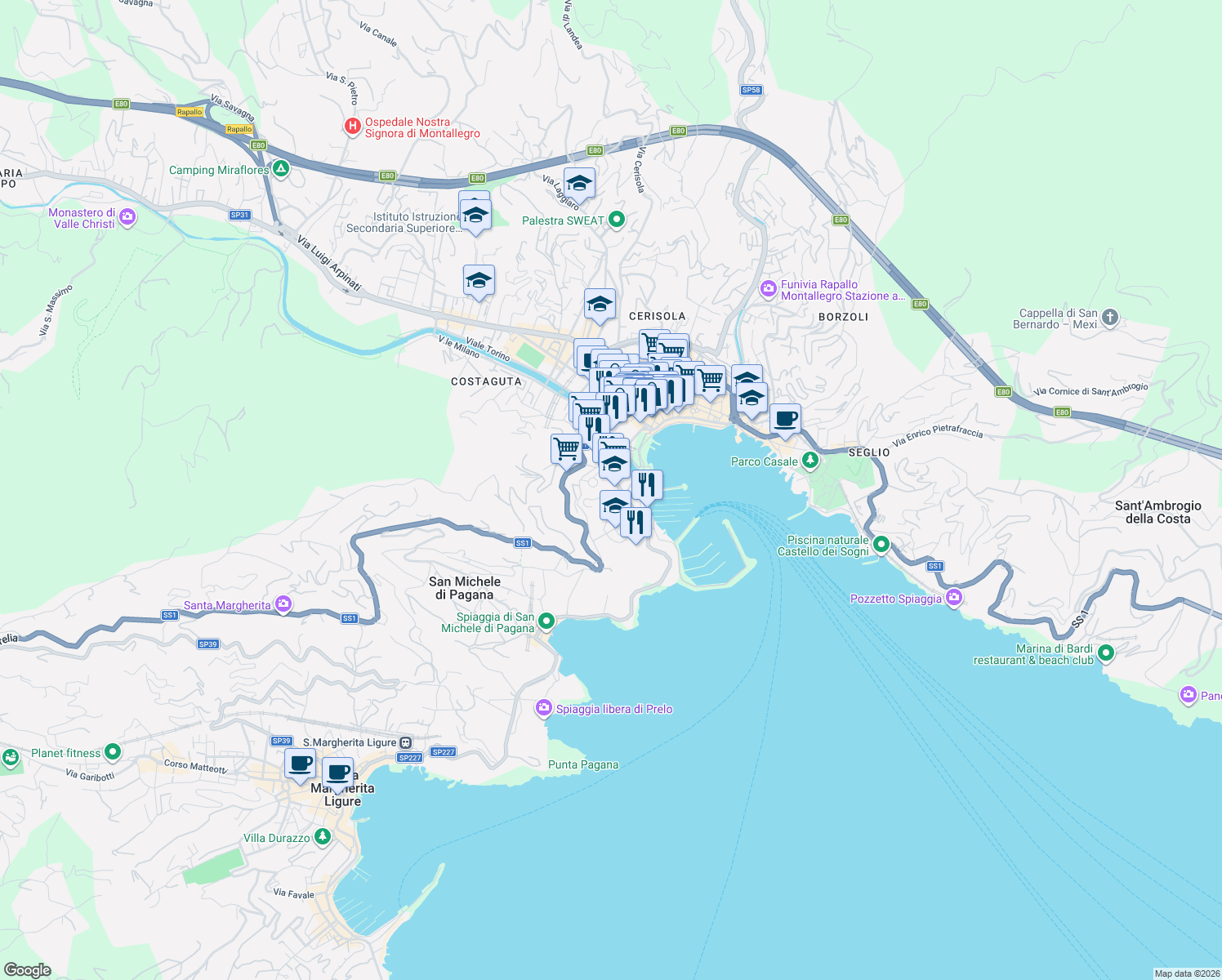 map of restaurants, bars, coffee shops, grocery stores, and more near 26 Corso Cristoforo Colombo in Rapallo