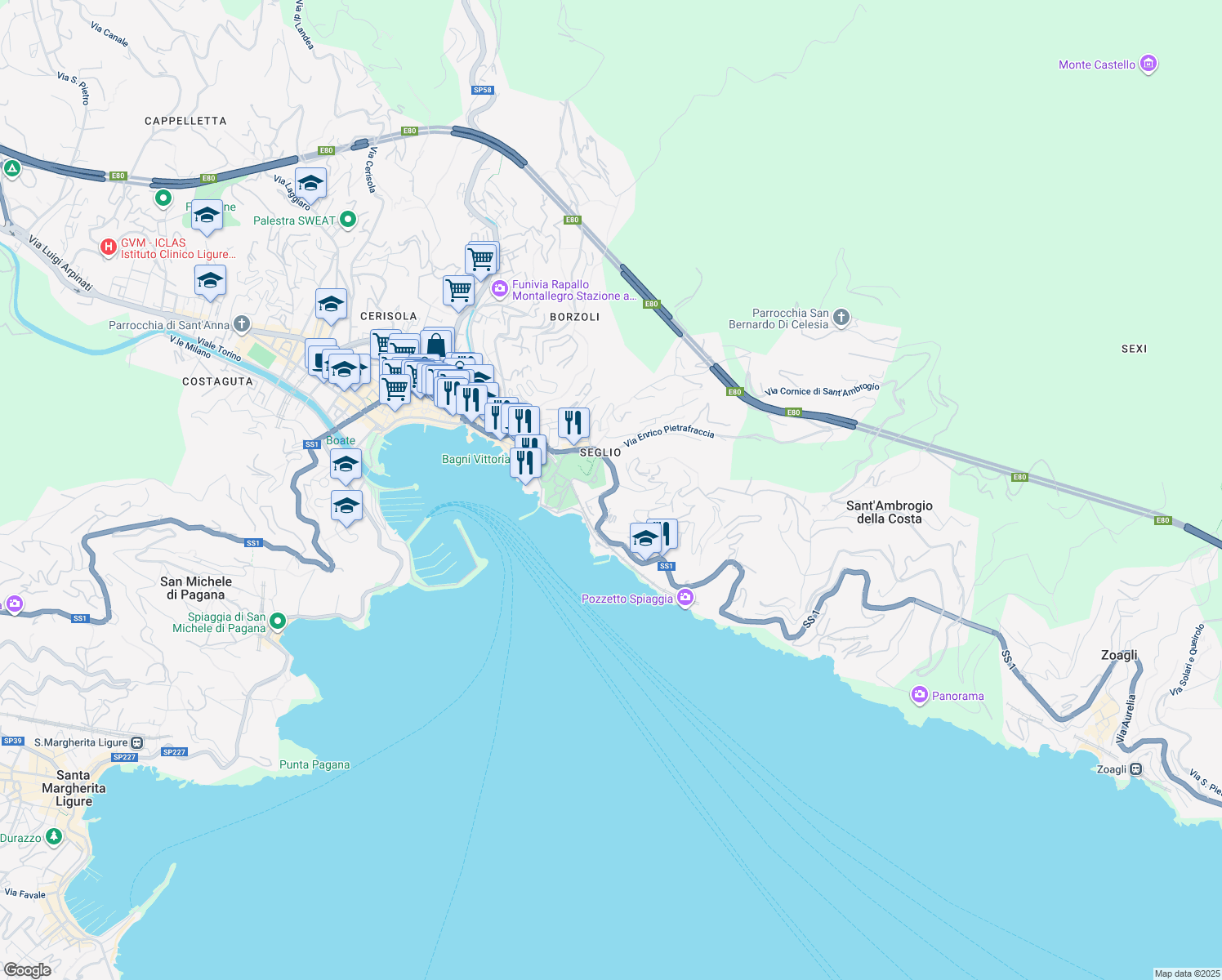 map of restaurants, bars, coffee shops, grocery stores, and more near 2 Via dei Pini in Rapallo