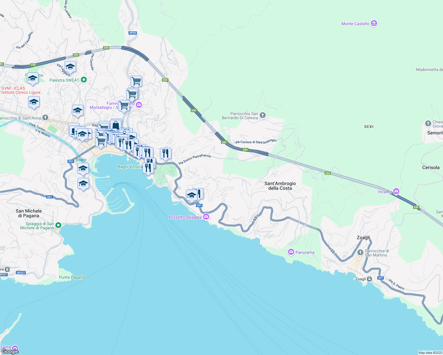 map of restaurants, bars, coffee shops, grocery stores, and more near 19 Salita Sant'Ambrogio in Zoagli