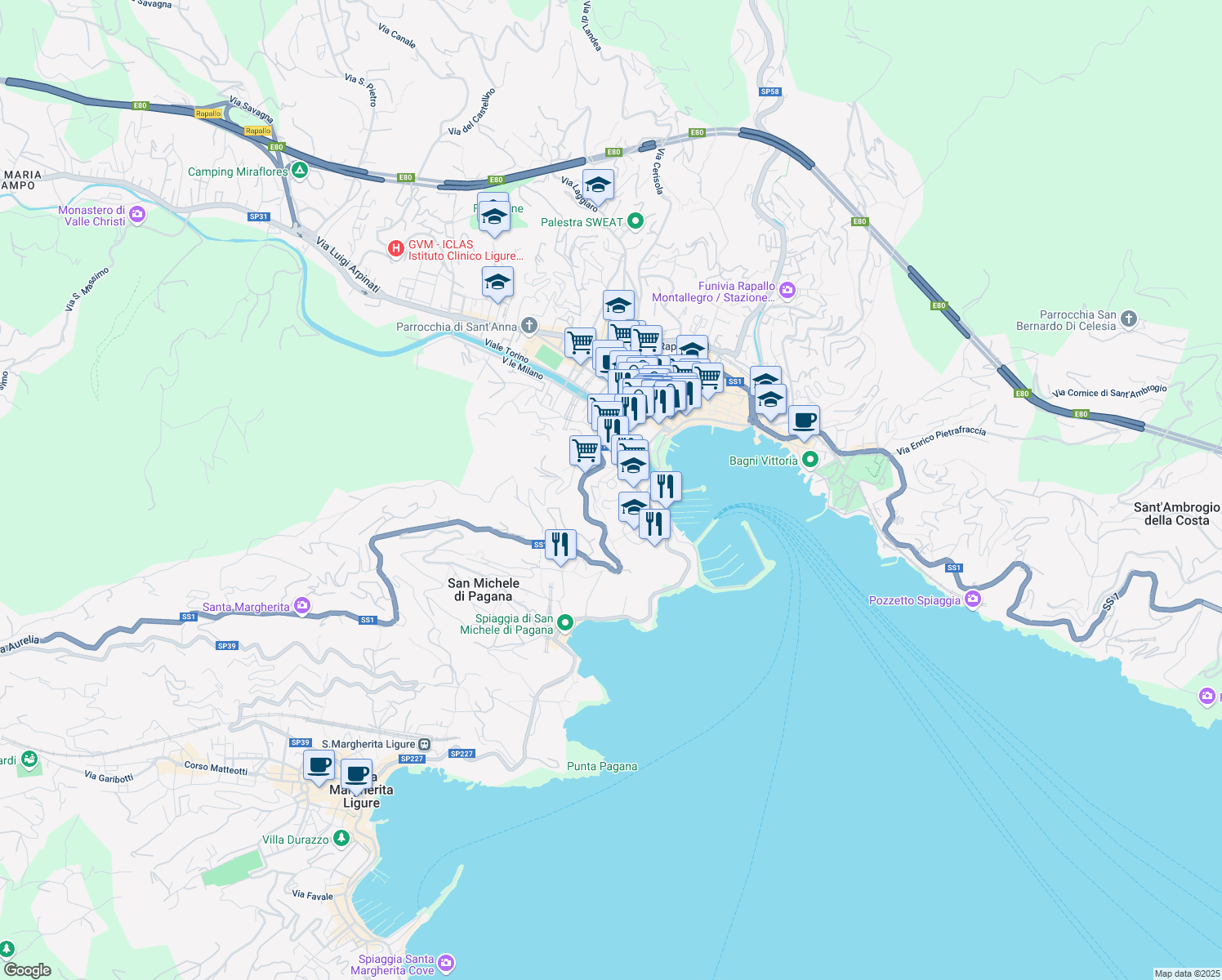 map of restaurants, bars, coffee shops, grocery stores, and more near 16 Via Marco Polo in Rapallo