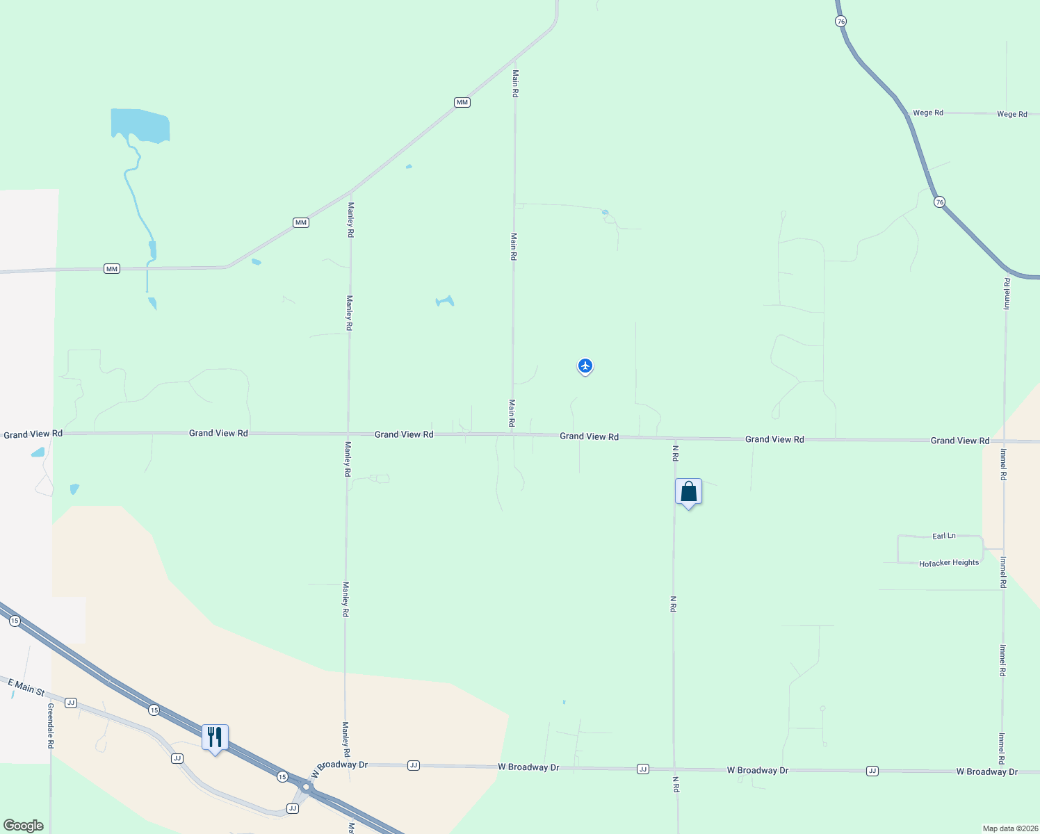 map of restaurants, bars, coffee shops, grocery stores, and more near N2920 Main Road in Hortonville