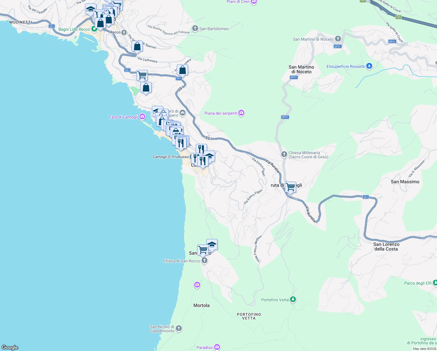 map of restaurants, bars, coffee shops, grocery stores, and more near 7 Piazza Nostra Signora del Boschetto in Camogli