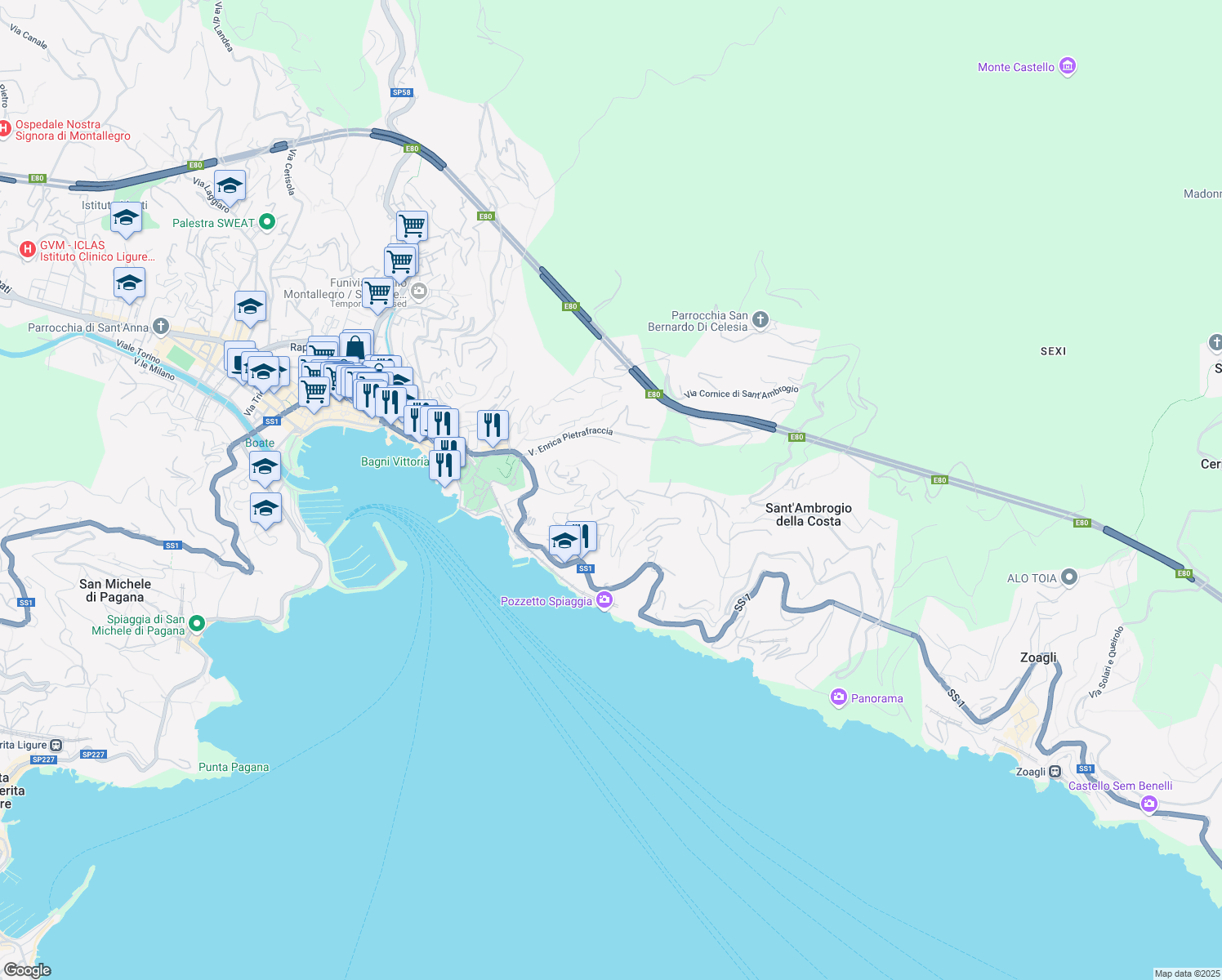 map of restaurants, bars, coffee shops, grocery stores, and more near 45 Località Pianata in Zoagli