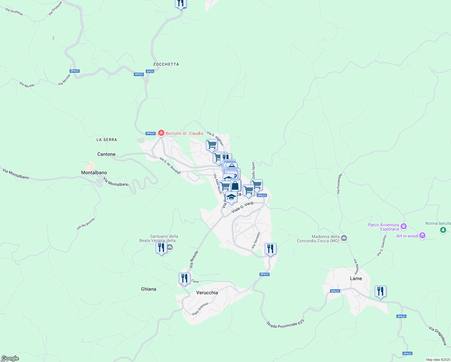 map of restaurants, bars, coffee shops, grocery stores, and more near 78A Via del Mercato in Zocca
