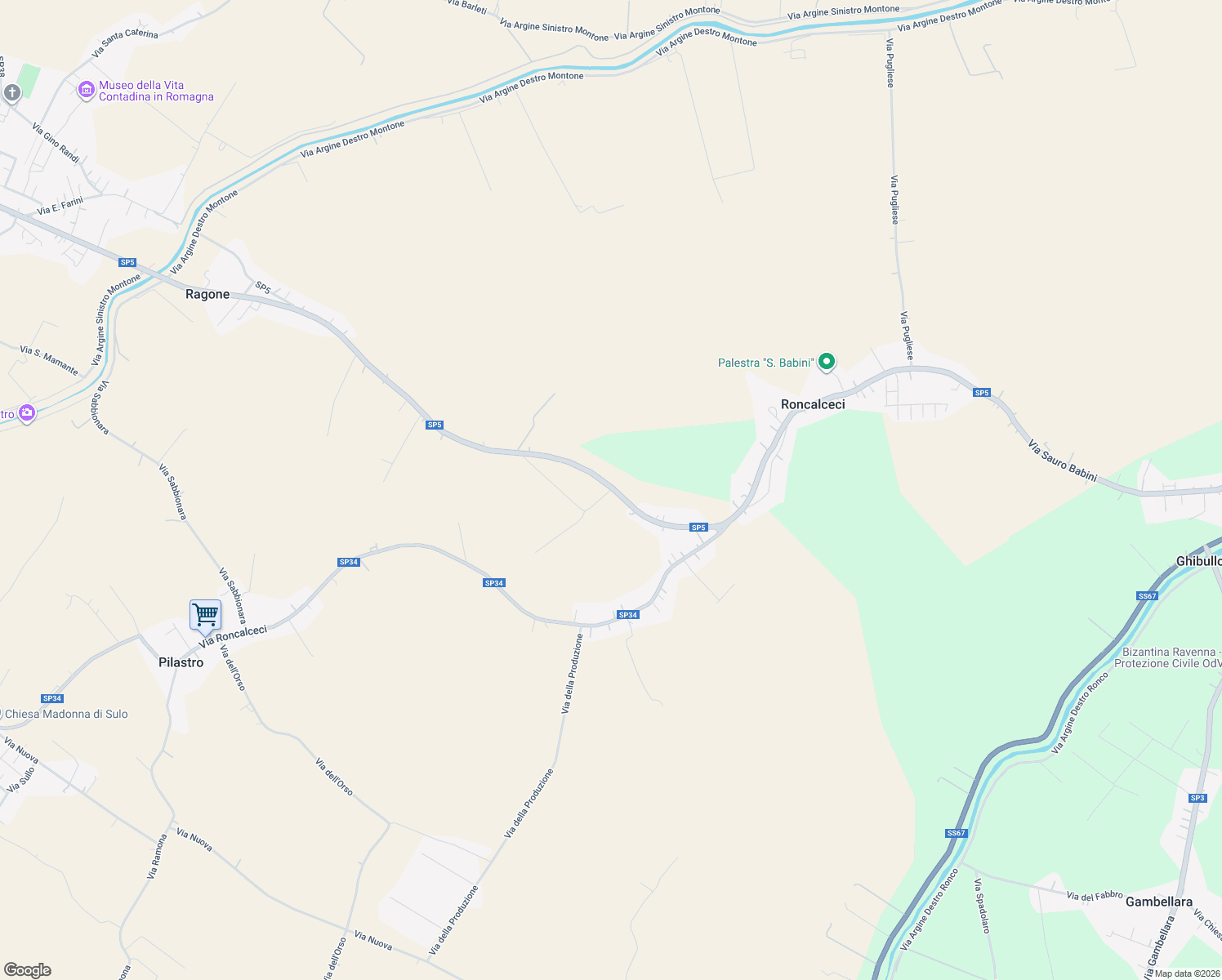 map of restaurants, bars, coffee shops, grocery stores, and more near 22 Strada Provinciale 5 in Roncalceci