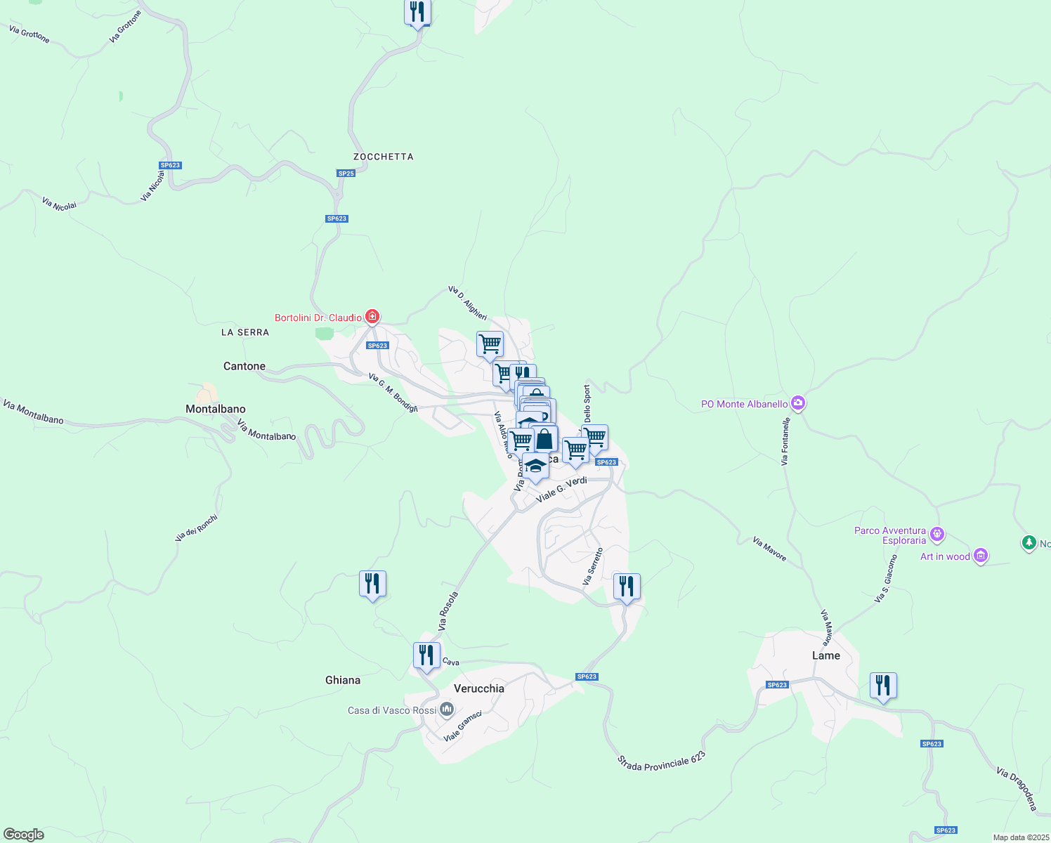map of restaurants, bars, coffee shops, grocery stores, and more near 78A Via del Mercato in Zocca