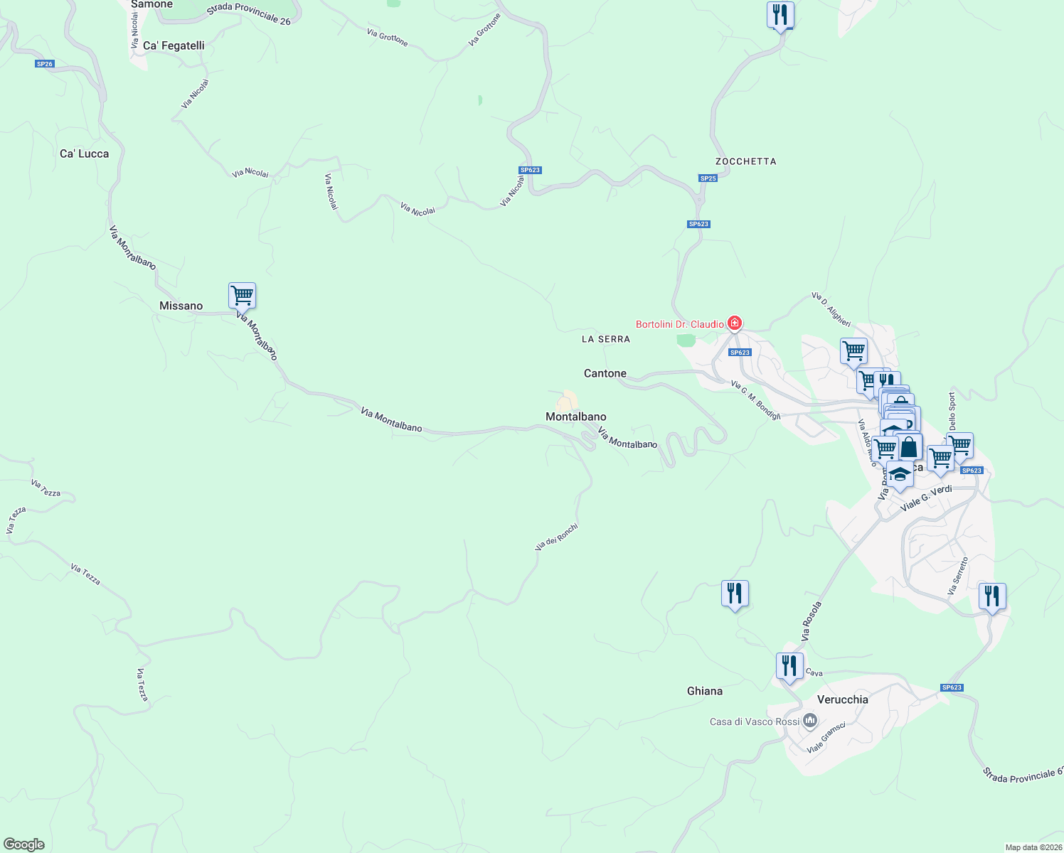 map of restaurants, bars, coffee shops, grocery stores, and more near 3370 Via Montalbano in Provincia di Modena