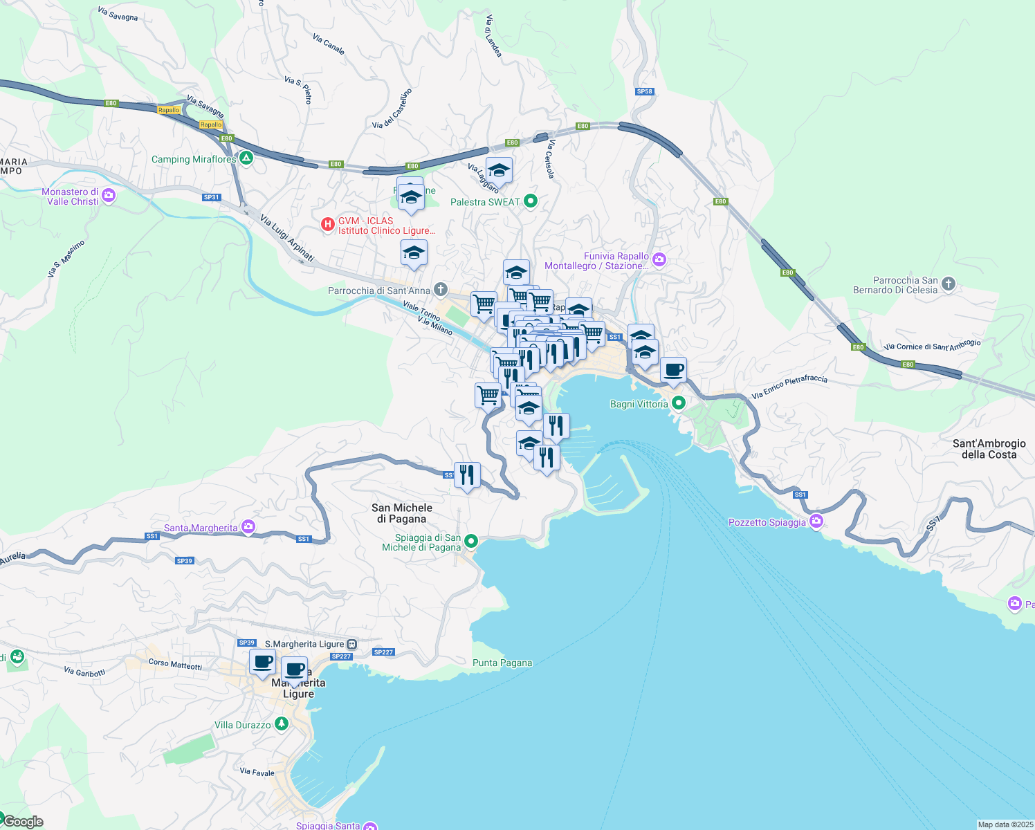 map of restaurants, bars, coffee shops, grocery stores, and more near 16 Via Marco Polo in Rapallo