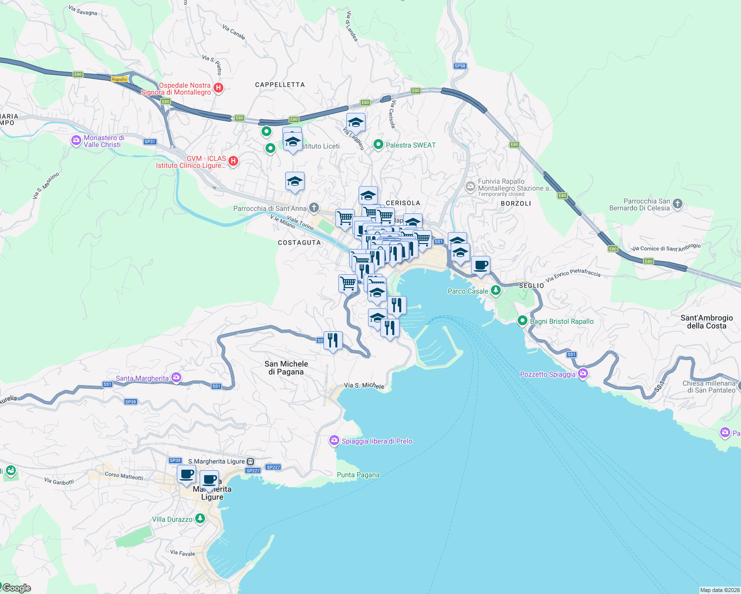map of restaurants, bars, coffee shops, grocery stores, and more near 16 Via Marco Polo in Rapallo