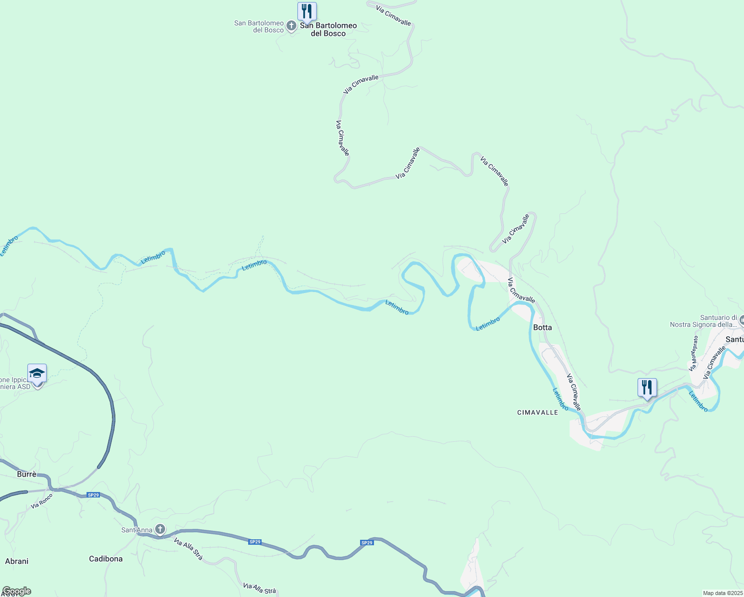 map of restaurants, bars, coffee shops, grocery stores, and more near 105 Via San Bartolomeo del Bosco in Provincia di Savona