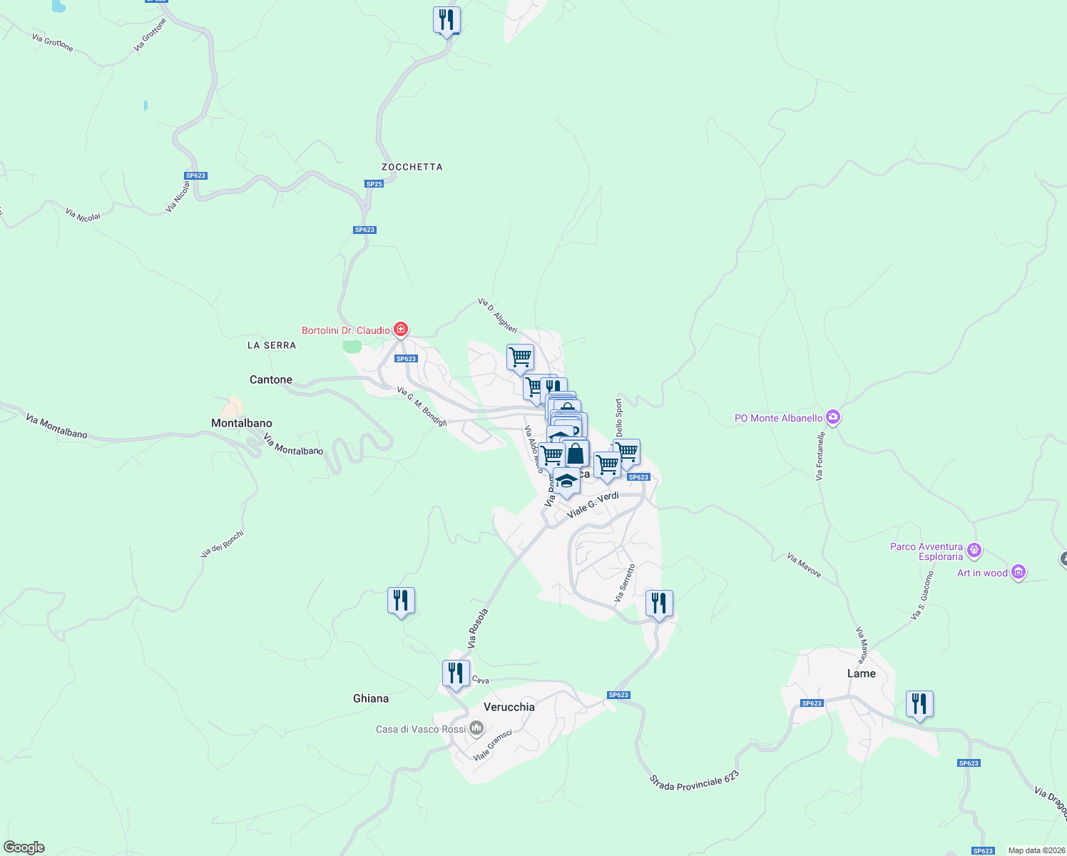 map of restaurants, bars, coffee shops, grocery stores, and more near 2 Via del Mercato in Zocca