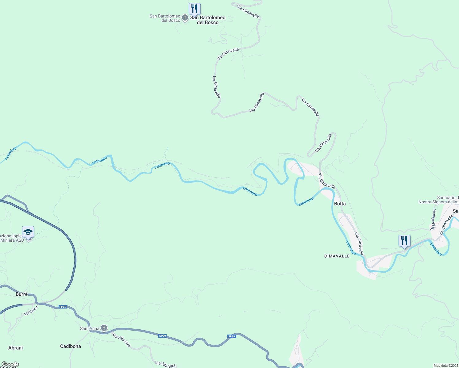 map of restaurants, bars, coffee shops, grocery stores, and more near 105 Via San Bartolomeo del Bosco in Provincia di Savona