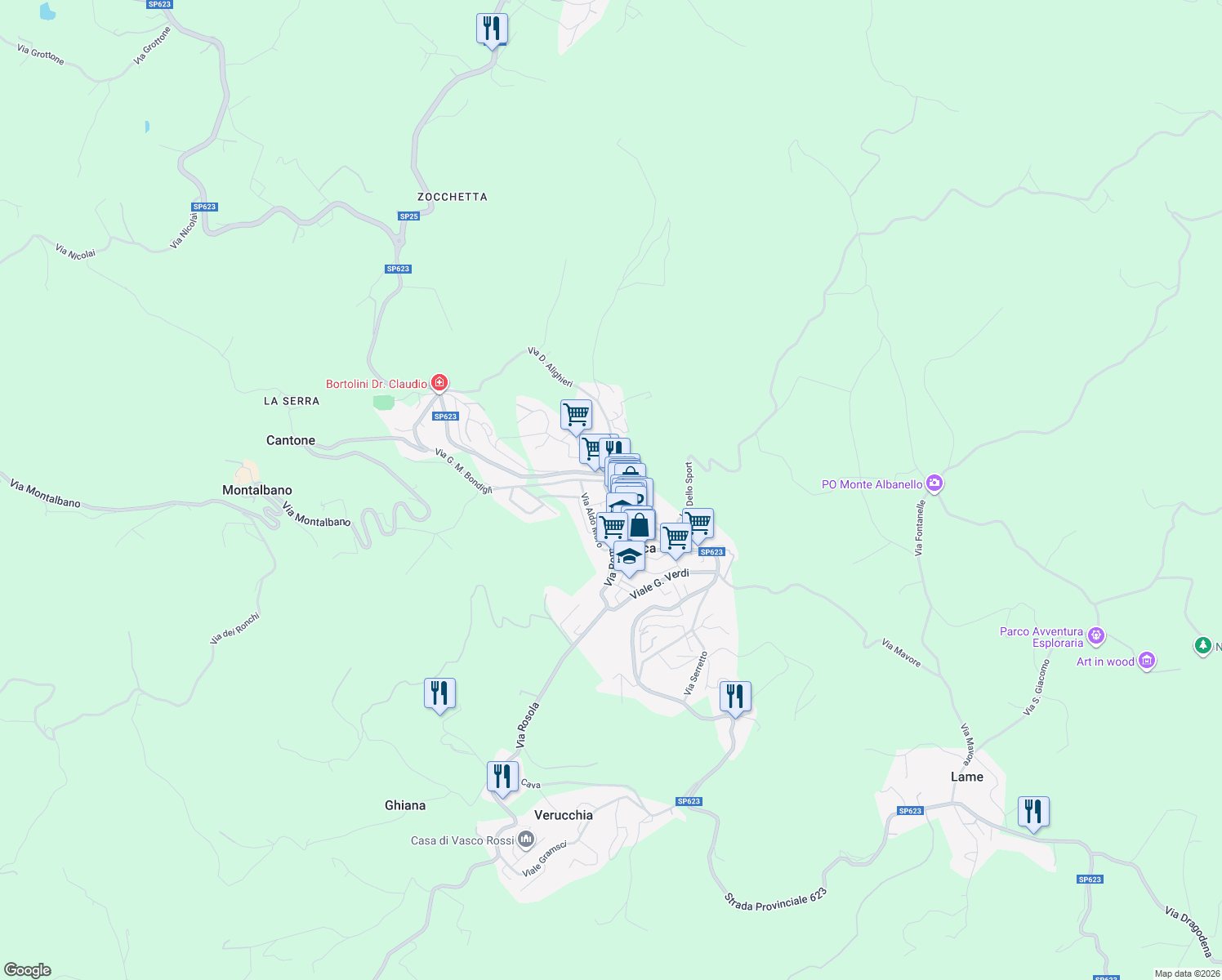 map of restaurants, bars, coffee shops, grocery stores, and more near 2 Via del Mercato in Zocca
