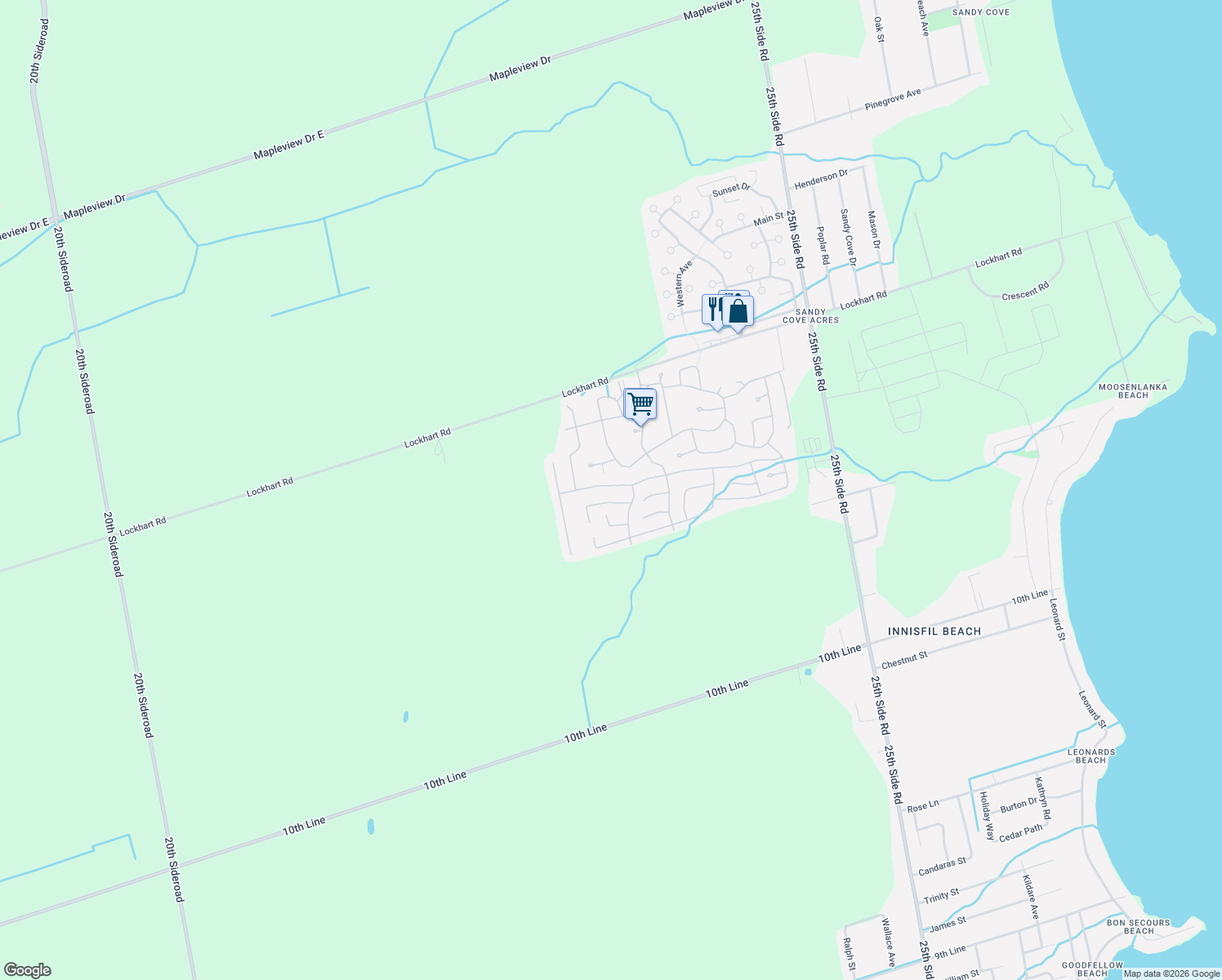 map of restaurants, bars, coffee shops, grocery stores, and more near 73 Linden Lane in Innisfil