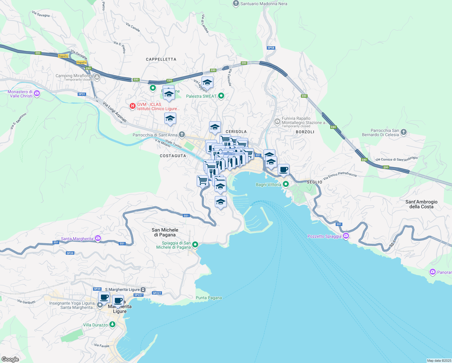 map of restaurants, bars, coffee shops, grocery stores, and more near 12 Via Armando Diaz in Rapallo