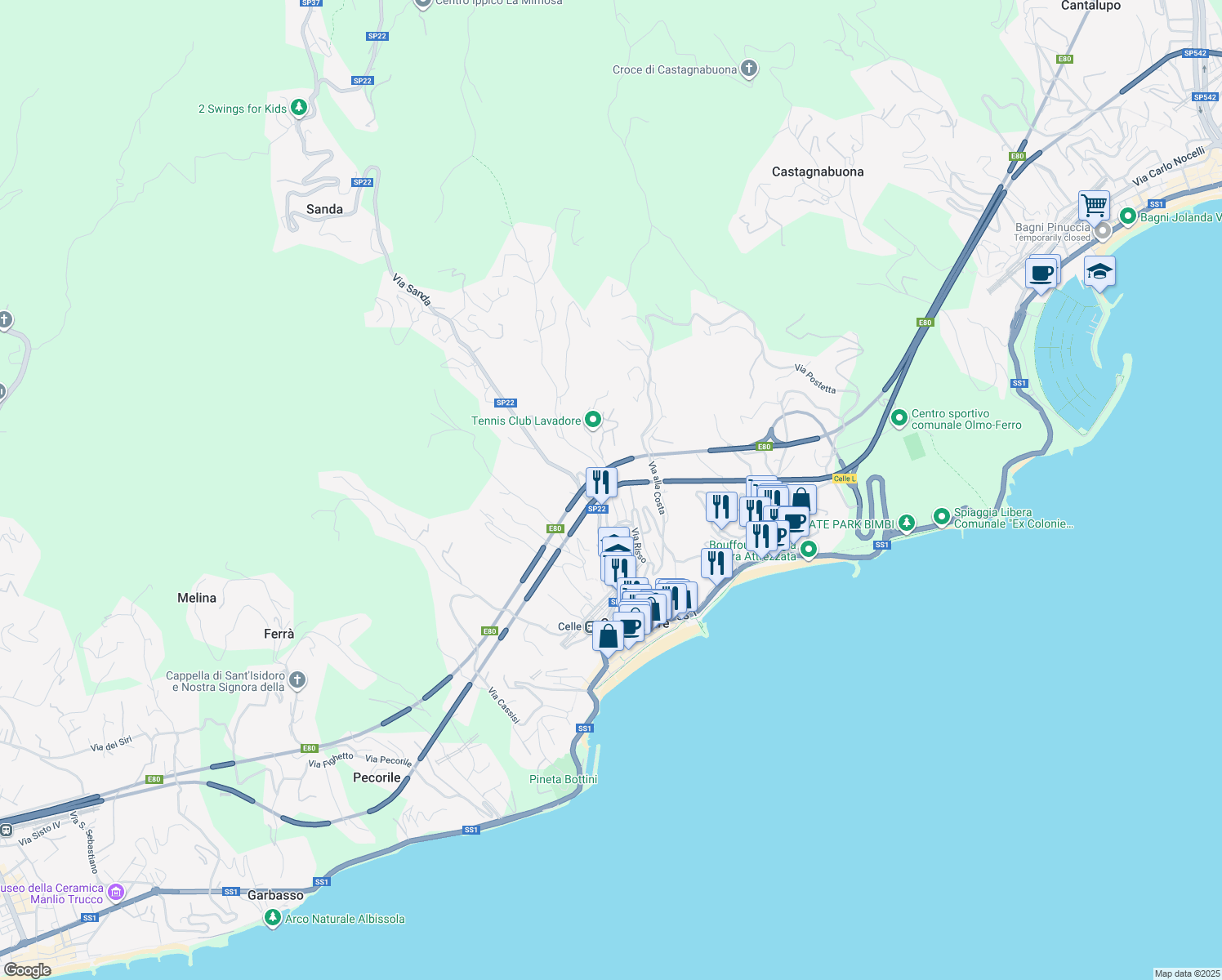 map of restaurants, bars, coffee shops, grocery stores, and more near 22 Via Lavadore in Celle Ligure