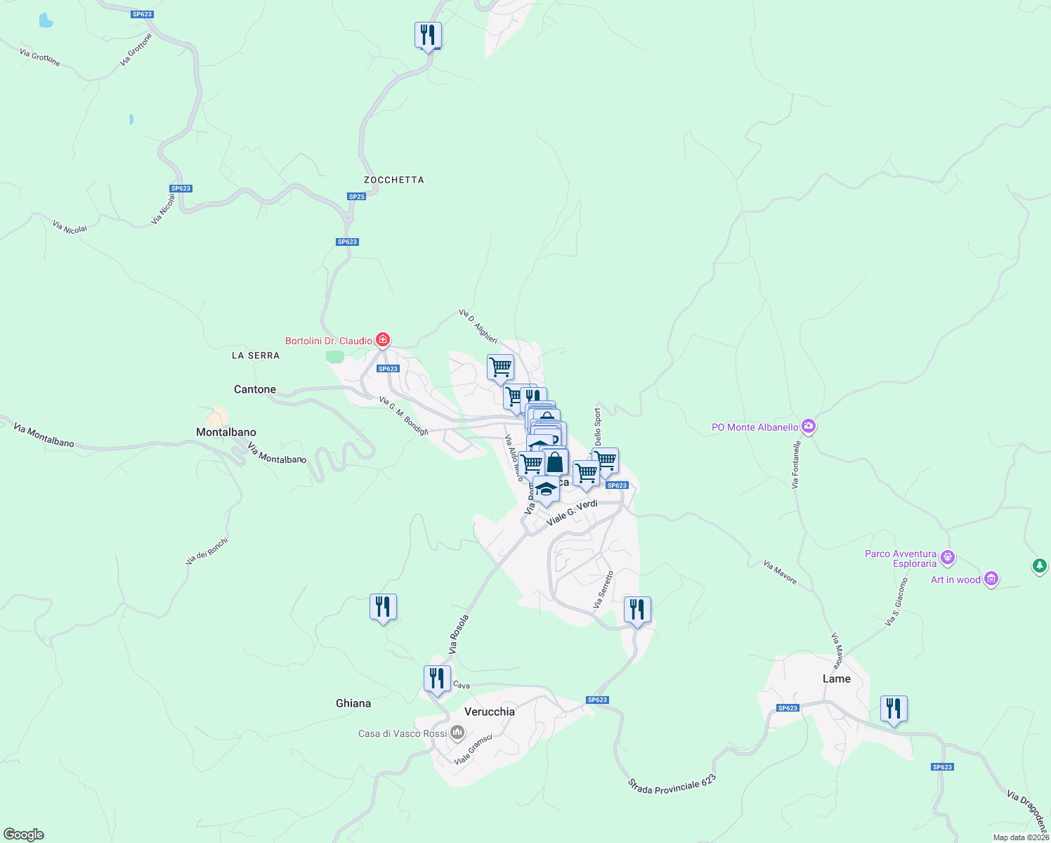 map of restaurants, bars, coffee shops, grocery stores, and more near 2 Via del Mercato in Zocca
