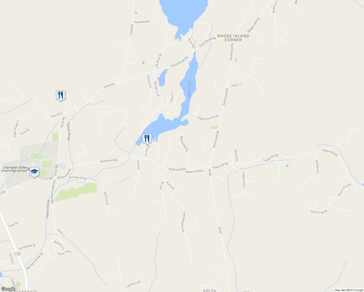 map of restaurants, bars, coffee shops, grocery stores, and more near 496 Birchwood Drive in Hinesburg