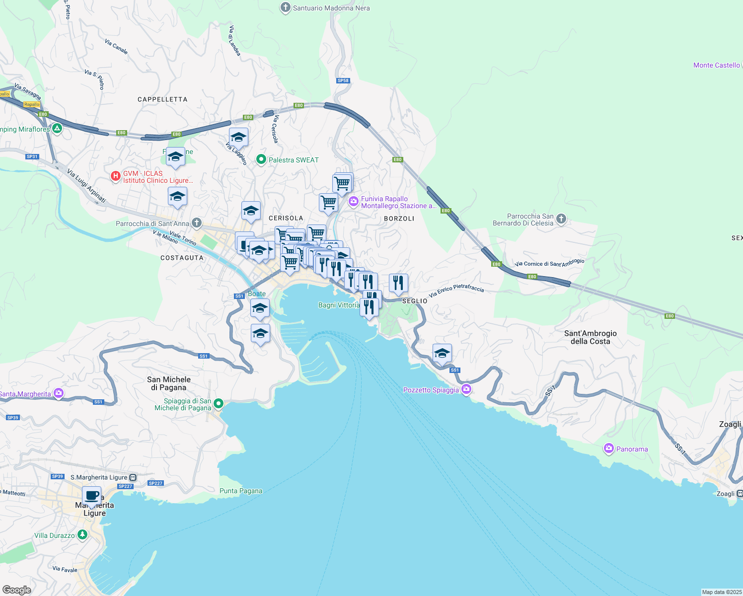 map of restaurants, bars, coffee shops, grocery stores, and more near 33 Via Paolo Zunino in Rapallo