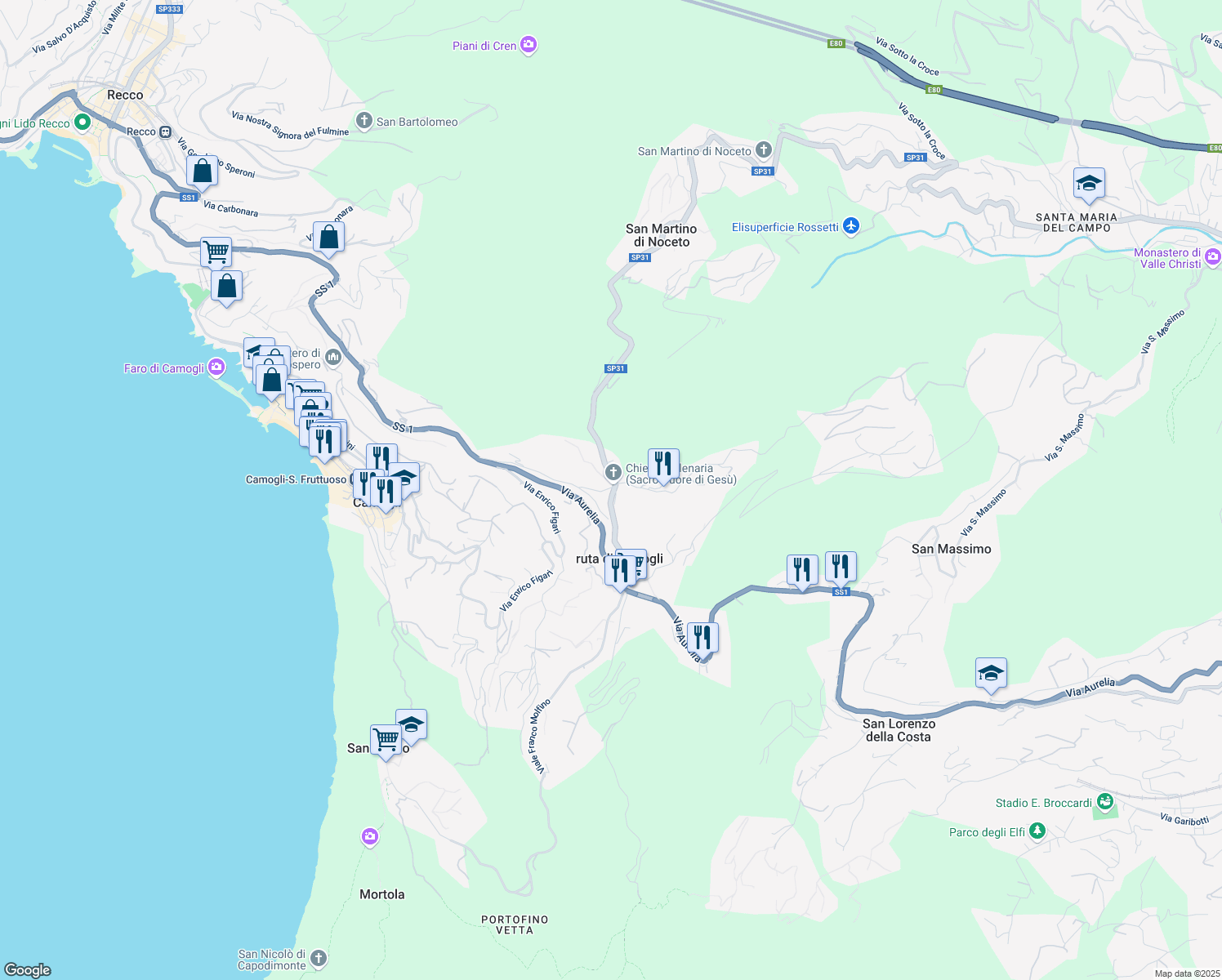 map of restaurants, bars, coffee shops, grocery stores, and more near 34/1 Via Venticinque Aprile in Camogli