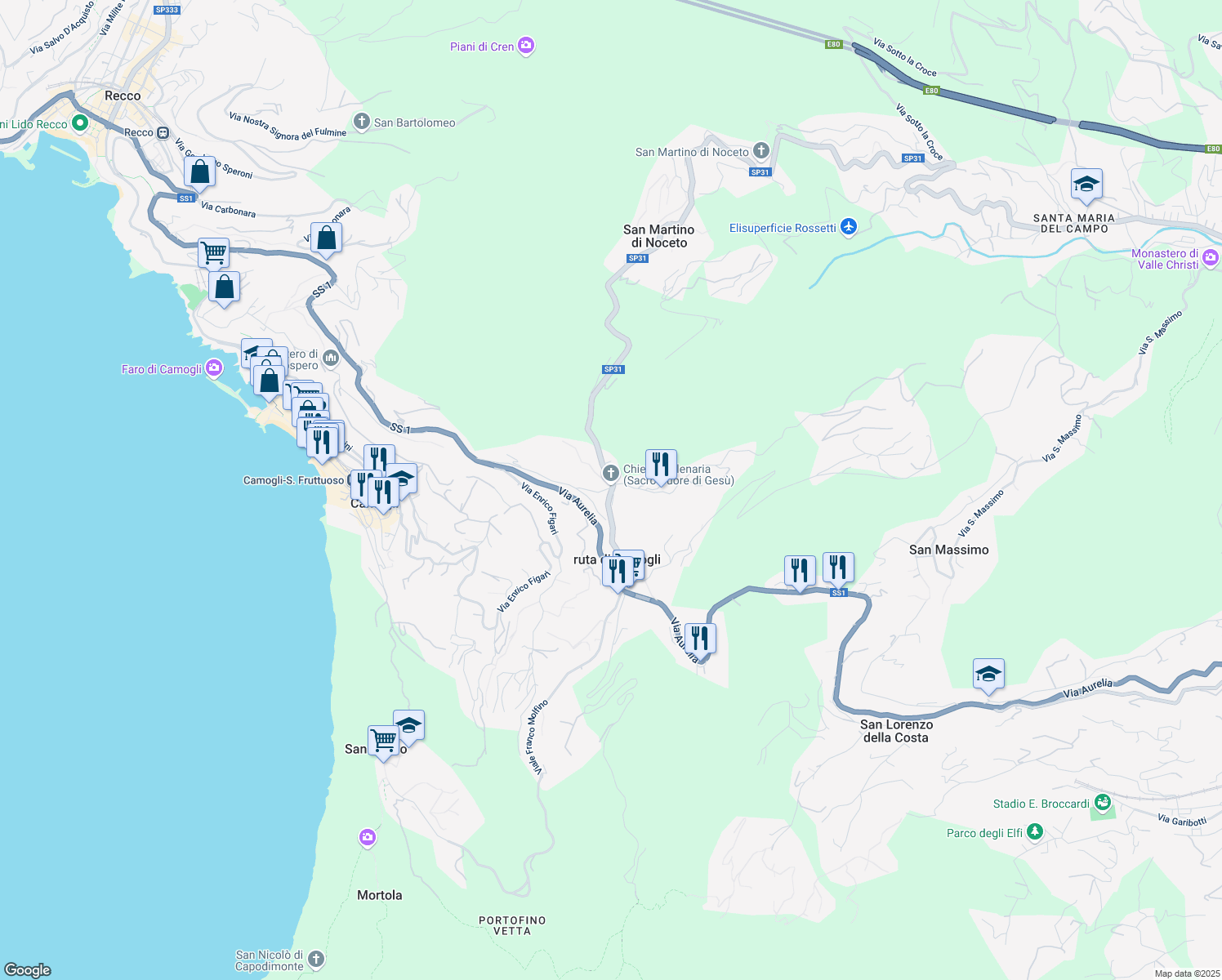 map of restaurants, bars, coffee shops, grocery stores, and more near 34/1 Via Venticinque Aprile in Camogli