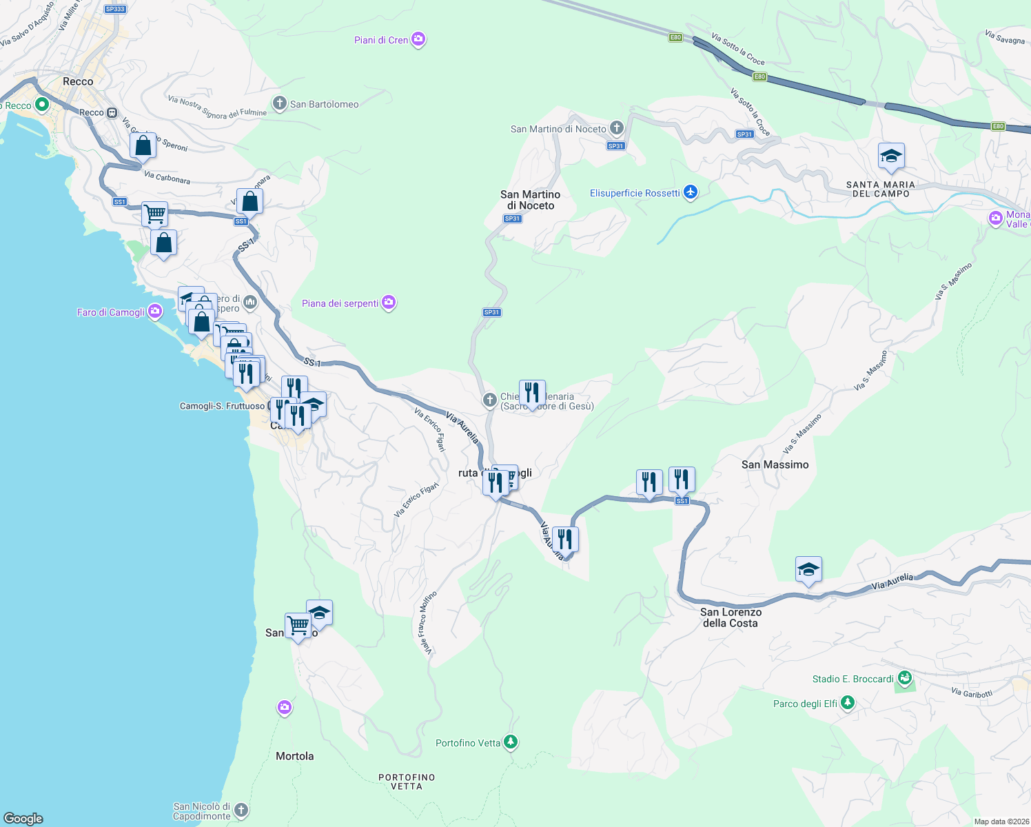 map of restaurants, bars, coffee shops, grocery stores, and more near 8 Via Chiesa Vecchia di Bana in Ruta